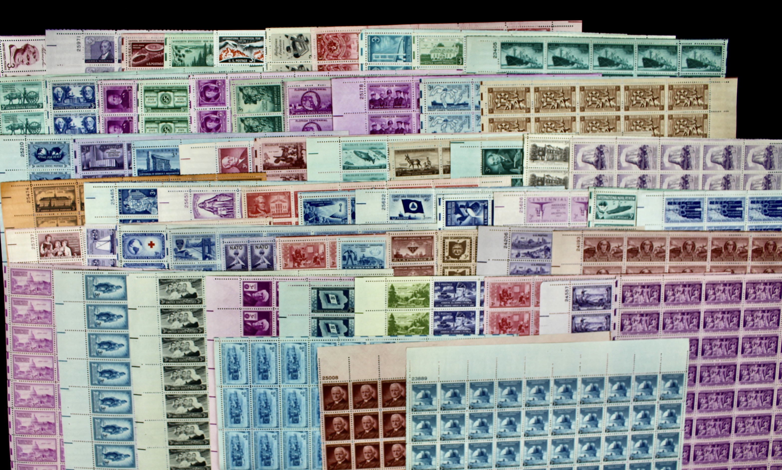 Sixty-Three Different 3-Cent Postage Stamp Sheets, 1940s