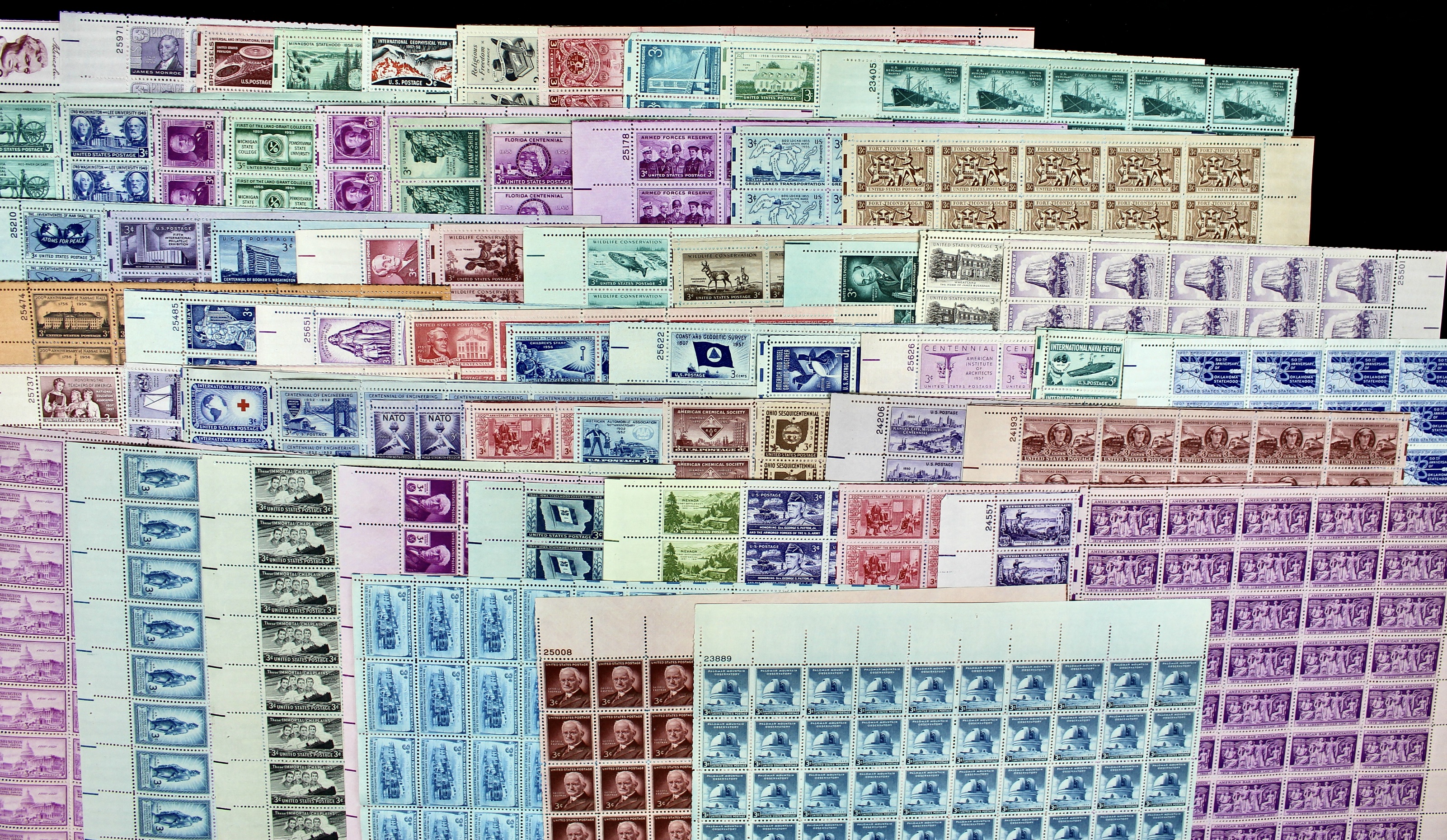 Sixty-Three Different 3-Cent Postage Stamp Sheets, 1940s