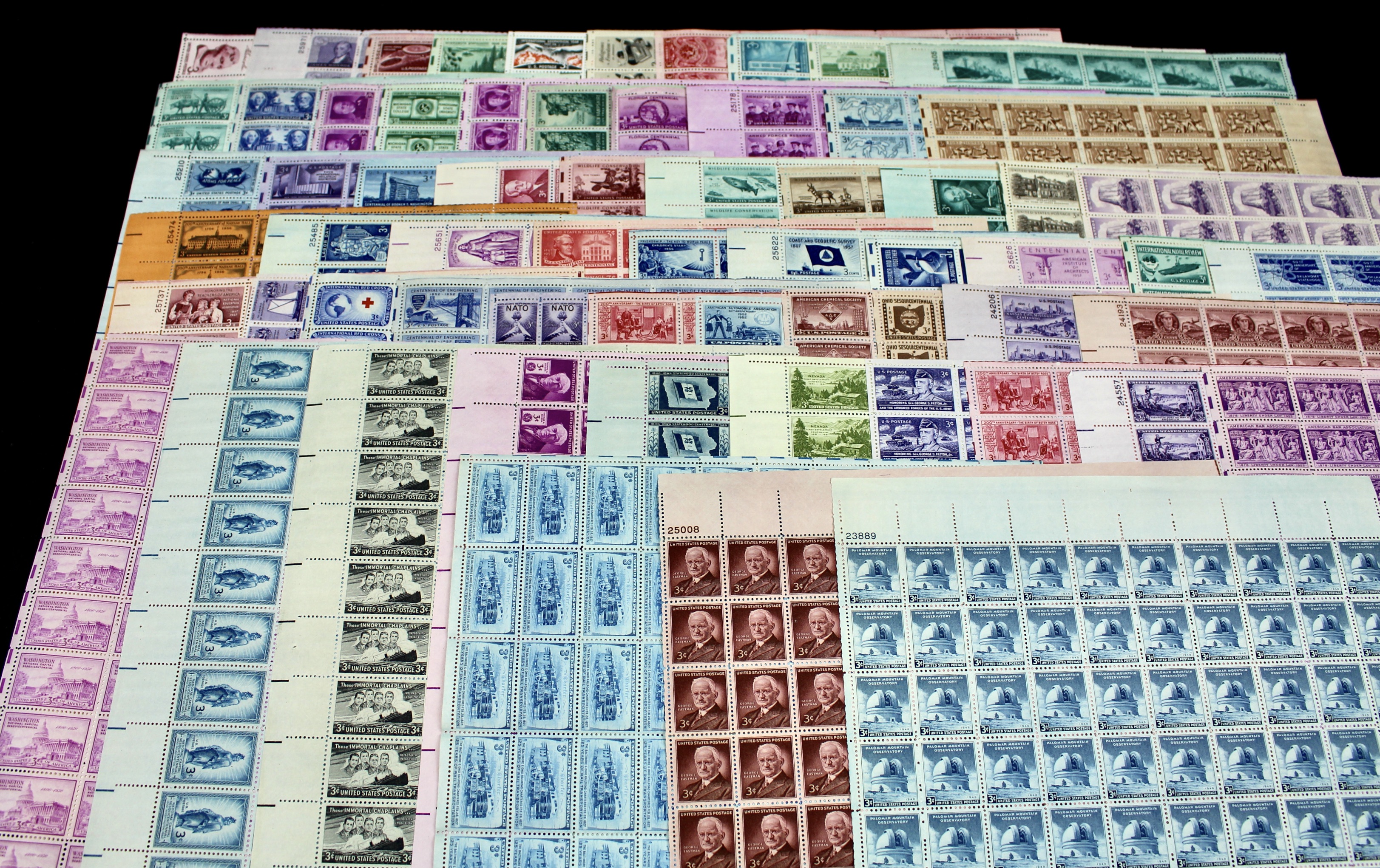 Sixty-Three Different 3-Cent Postage Stamp Sheets, 1940s