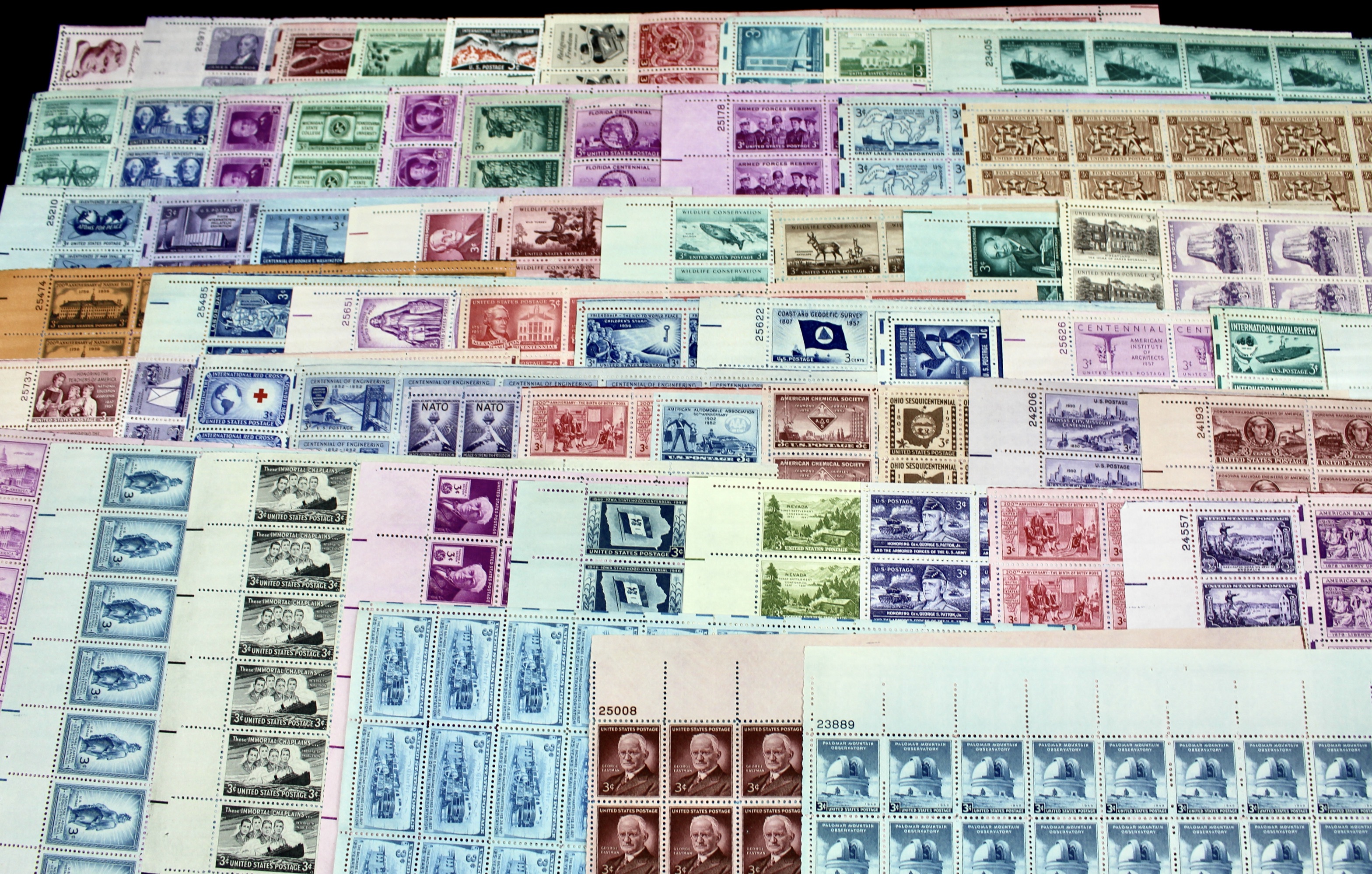 Sixty-Three Different 3-Cent Postage Stamp Sheets, 1940s