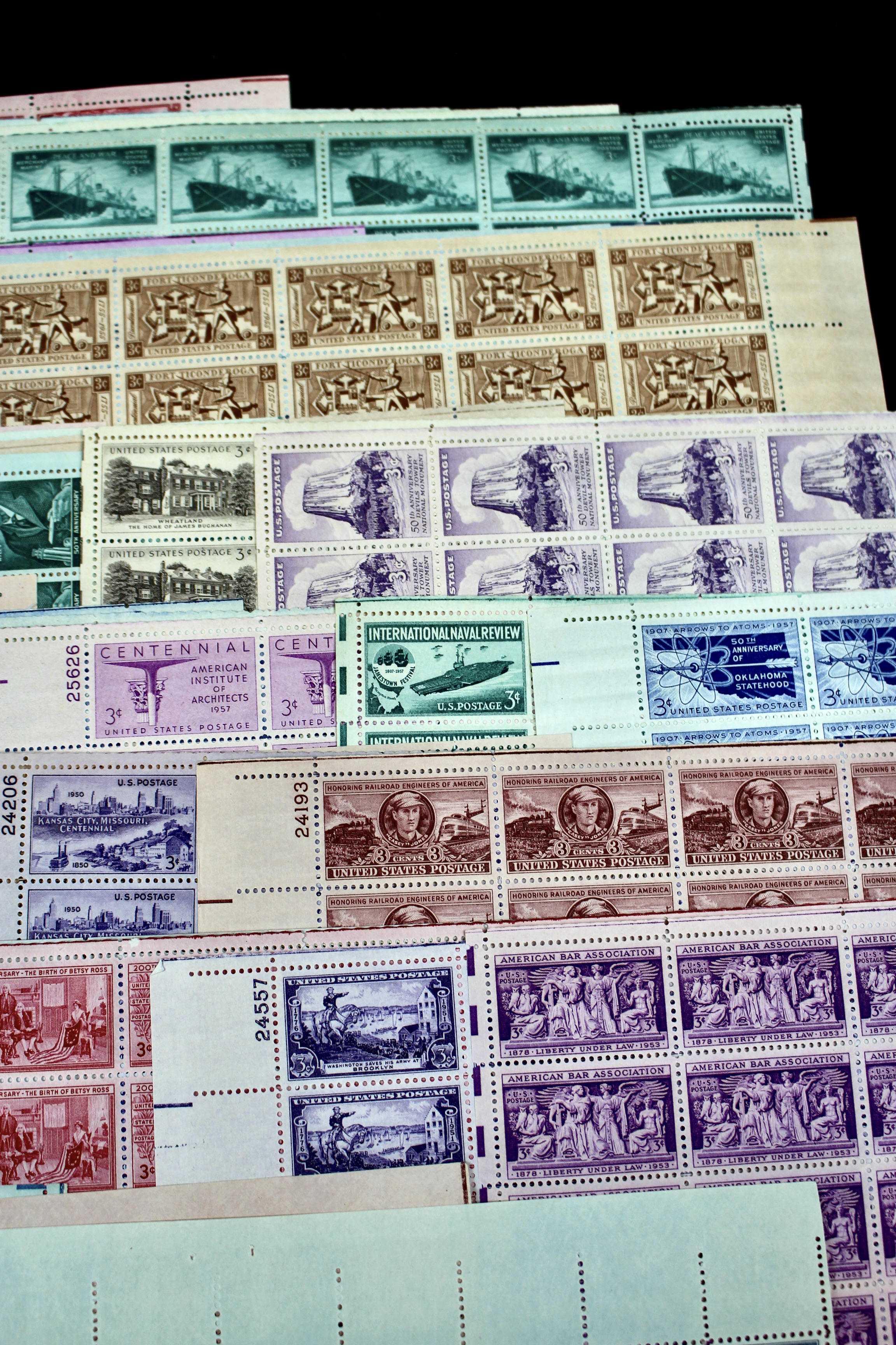Sixty-Three Different 3-Cent Postage Stamp Sheets, 1940s
