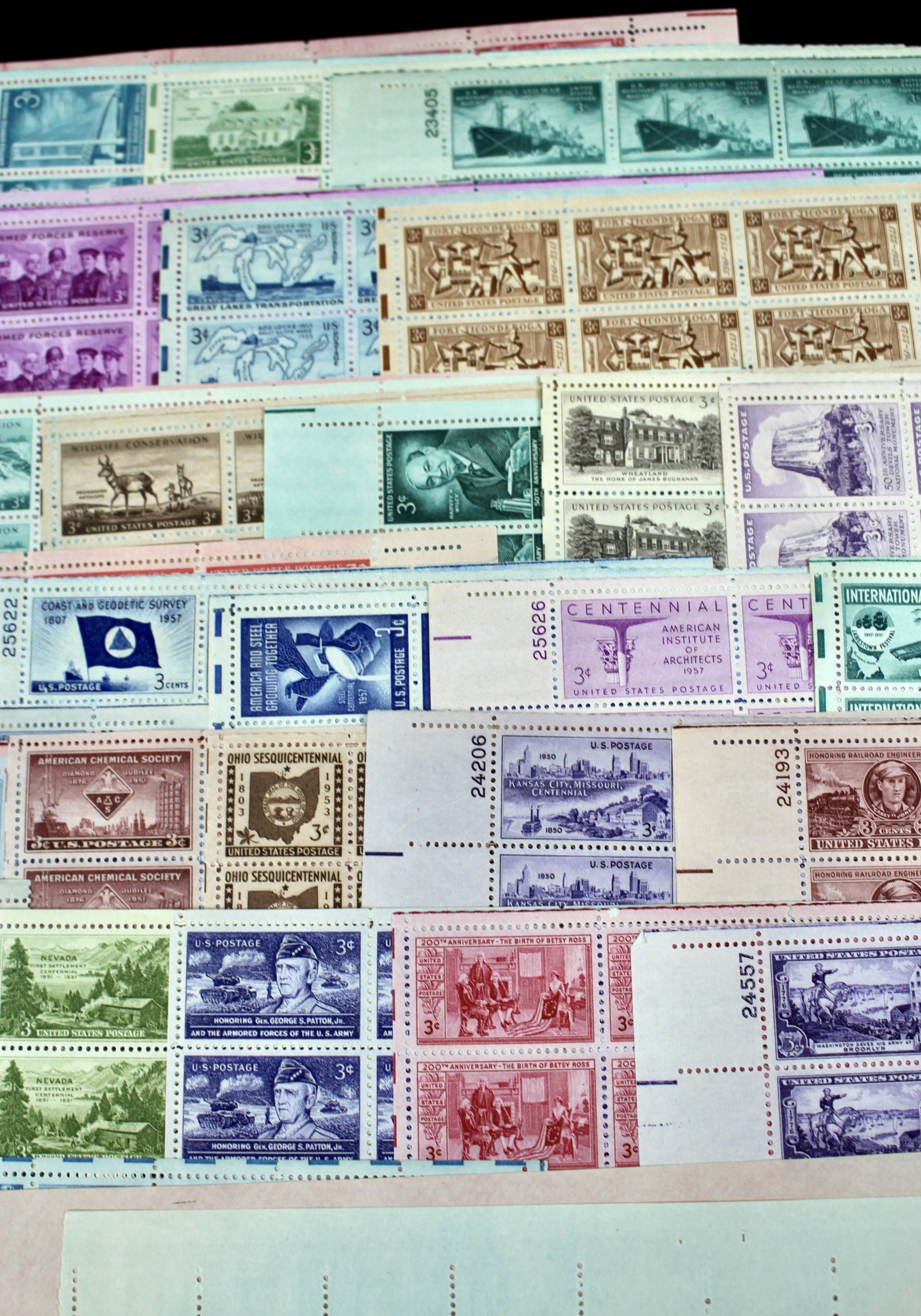 Sixty-Three Different 3-Cent Postage Stamp Sheets, 1940s