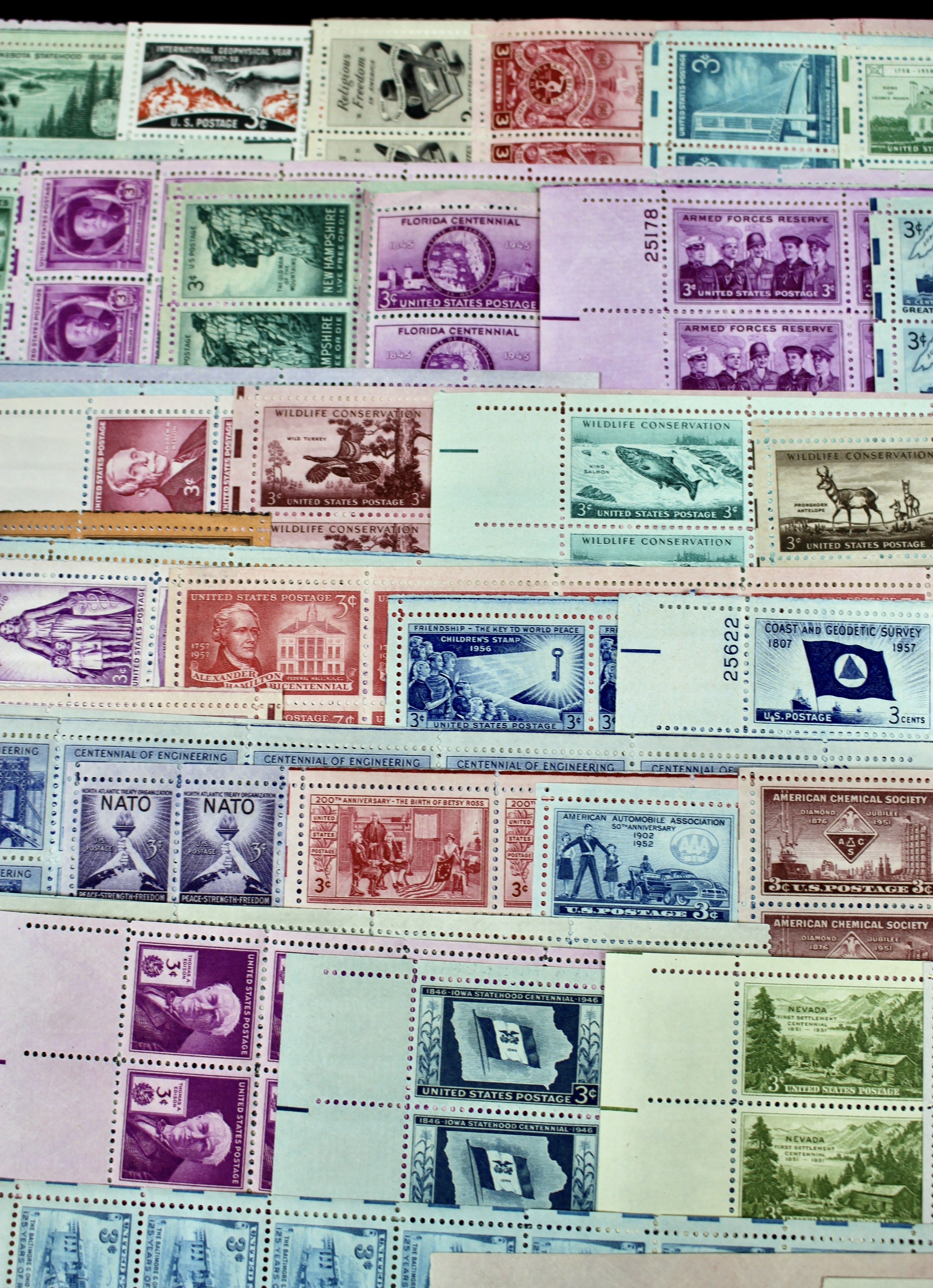Sixty-Three Different 3-Cent Postage Stamp Sheets, 1940s