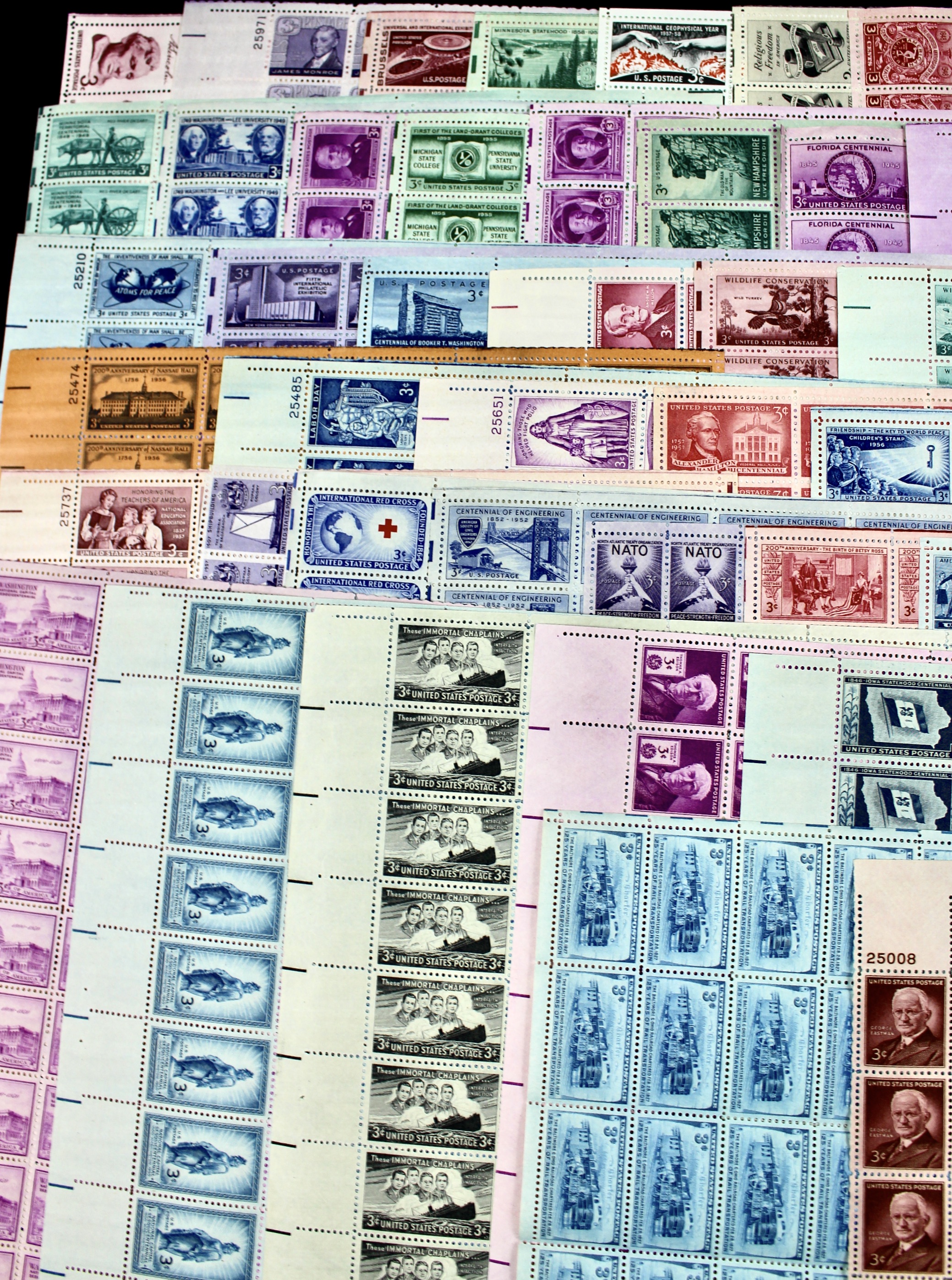 Sixty-Three Different 3-Cent Postage Stamp Sheets, 1940s