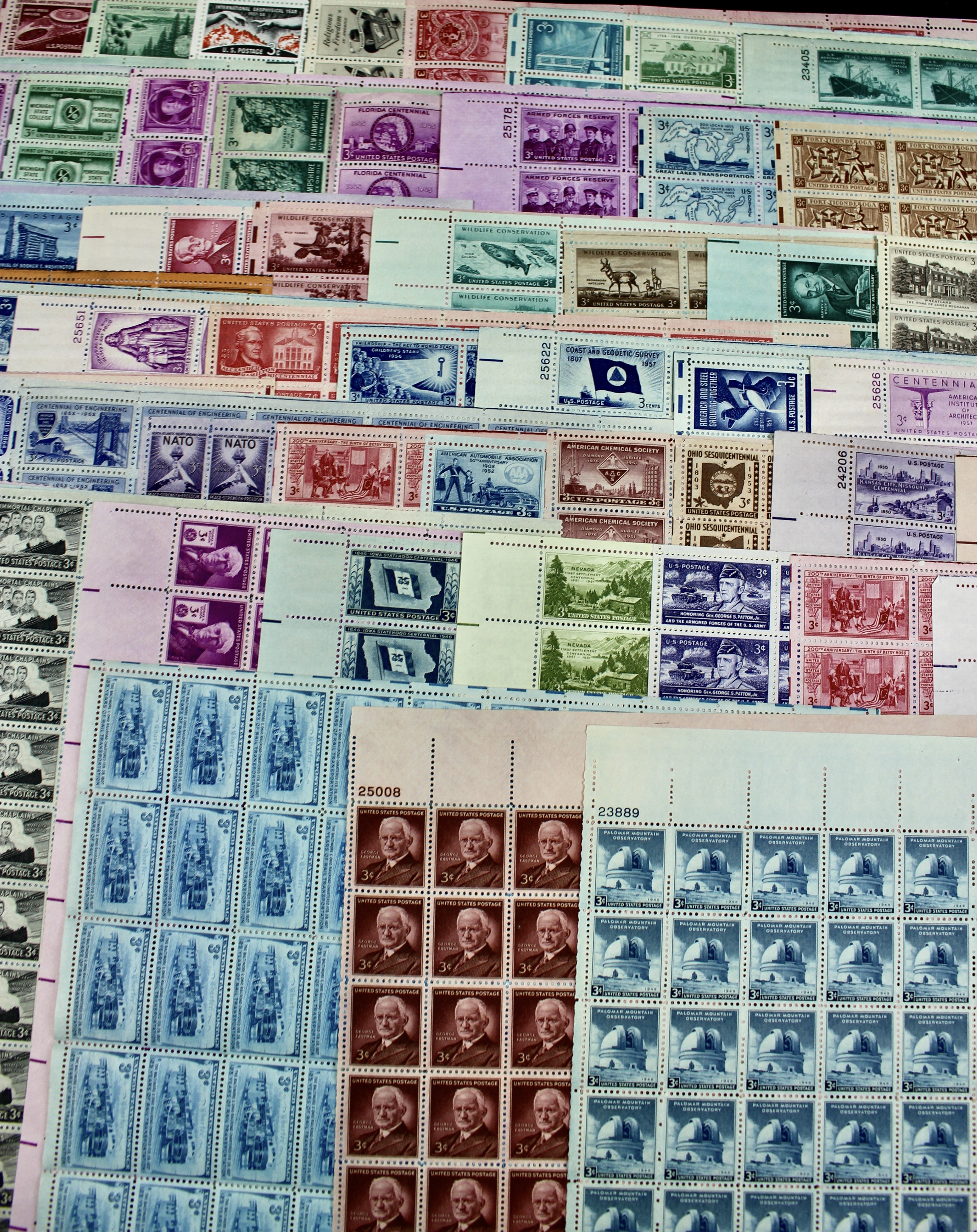 Sixty-Three Different 3-Cent Postage Stamp Sheets, 1940s