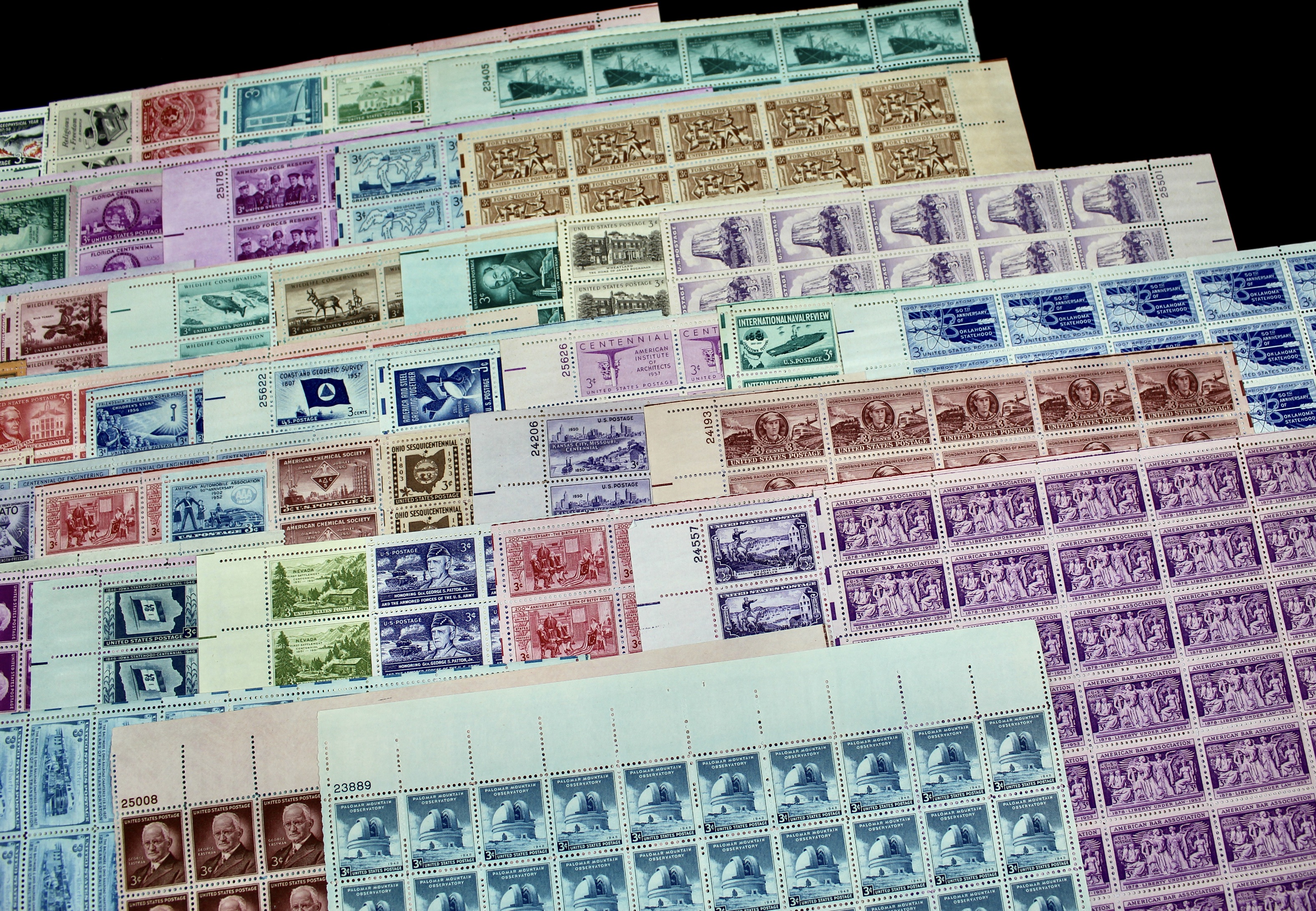 Sixty-Three Different 3-Cent Postage Stamp Sheets, 1940s