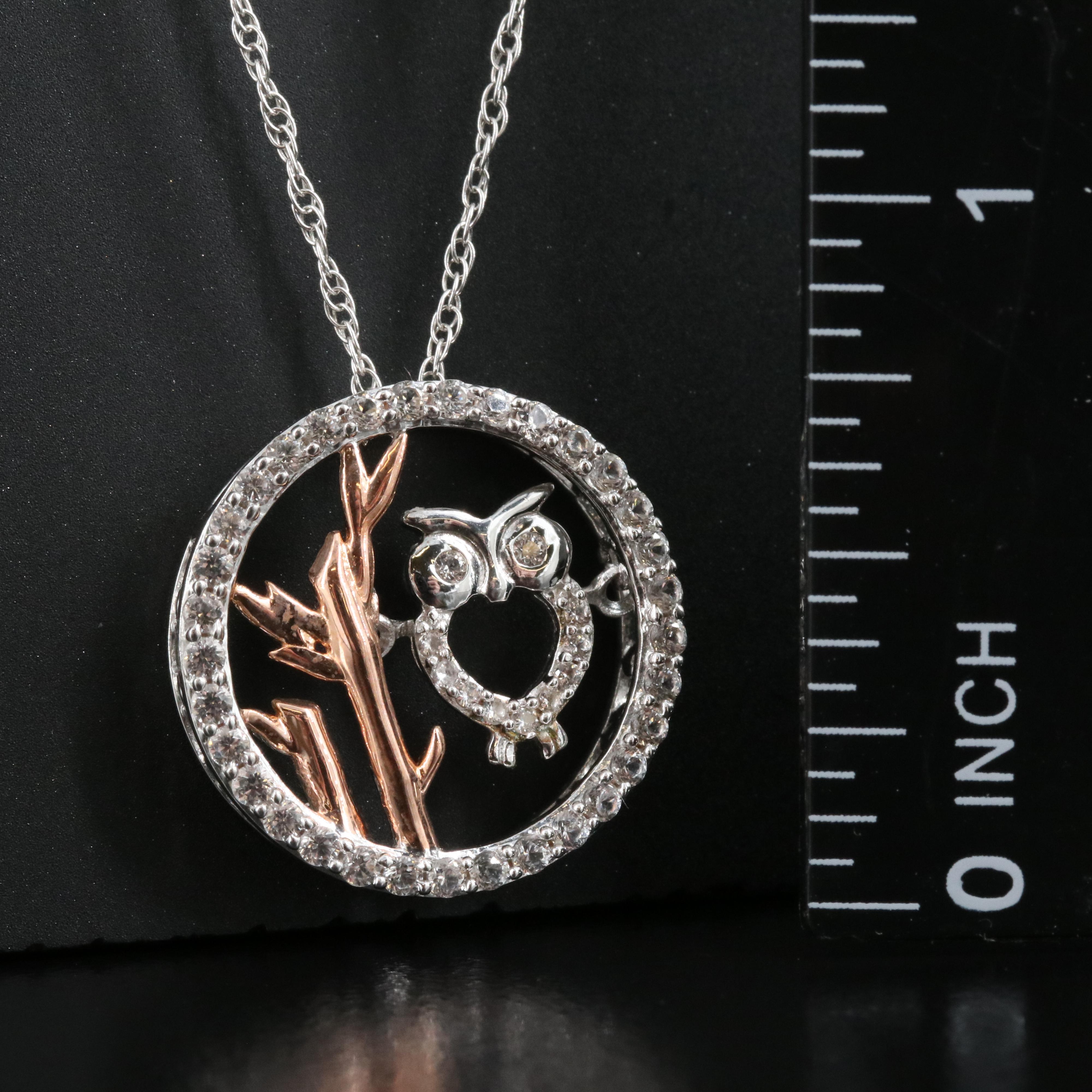 Sterling Sapphire Owl in a Tree Tremble Pendant Necklace