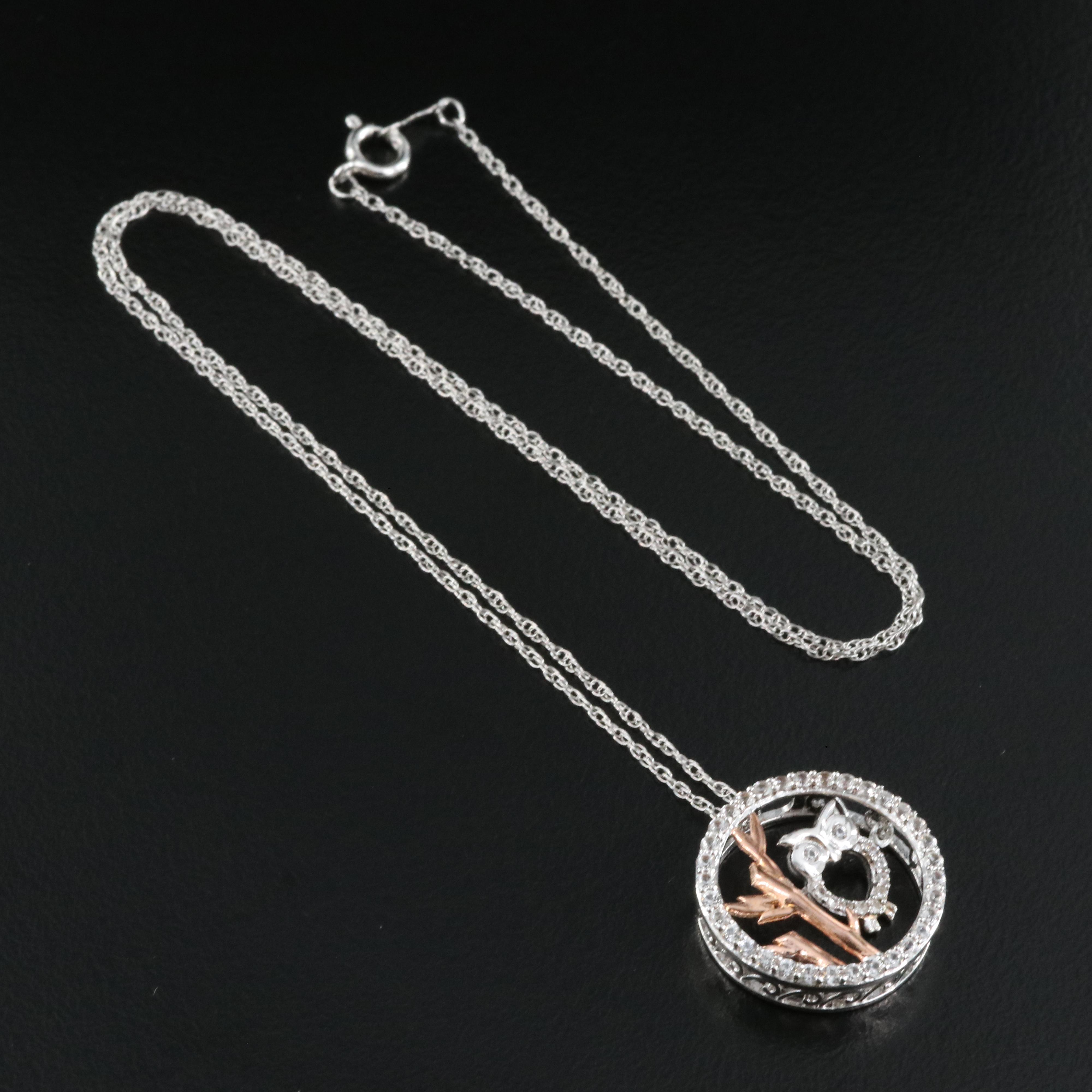 Sterling Sapphire Owl in a Tree Tremble Pendant Necklace