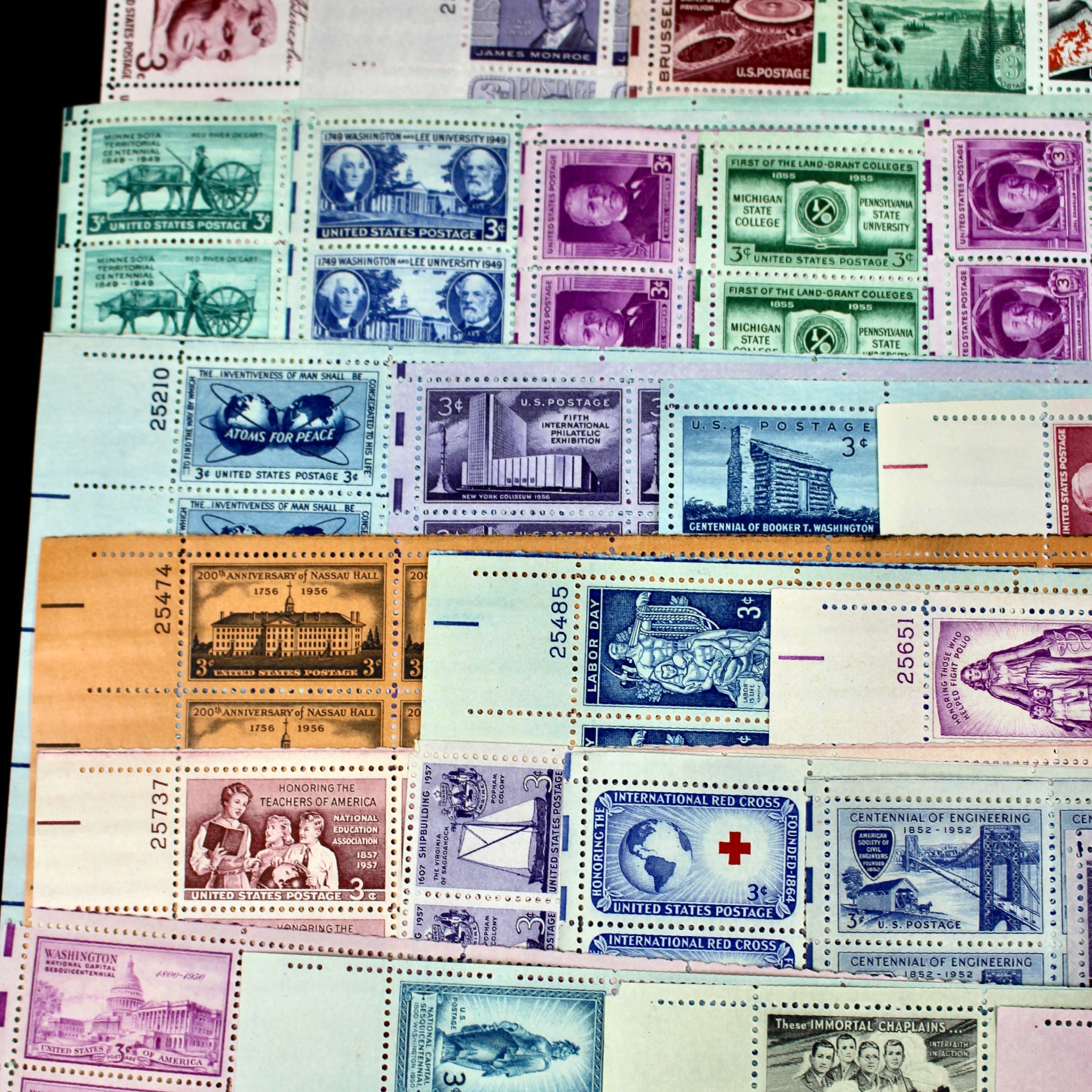 Sixty-Three Different 3-Cent Postage Stamp Sheets, 1940s