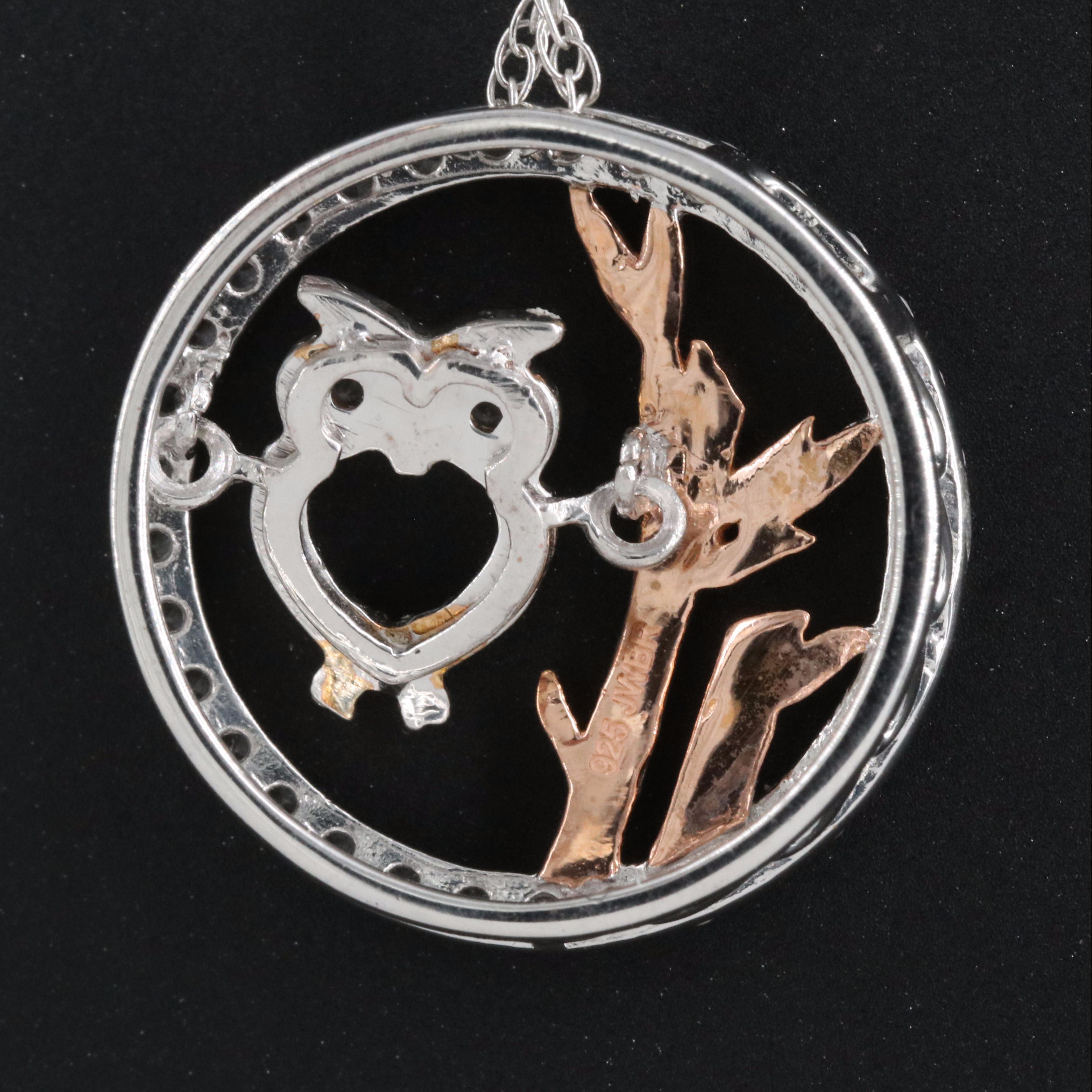 Sterling Sapphire Owl in a Tree Tremble Pendant Necklace