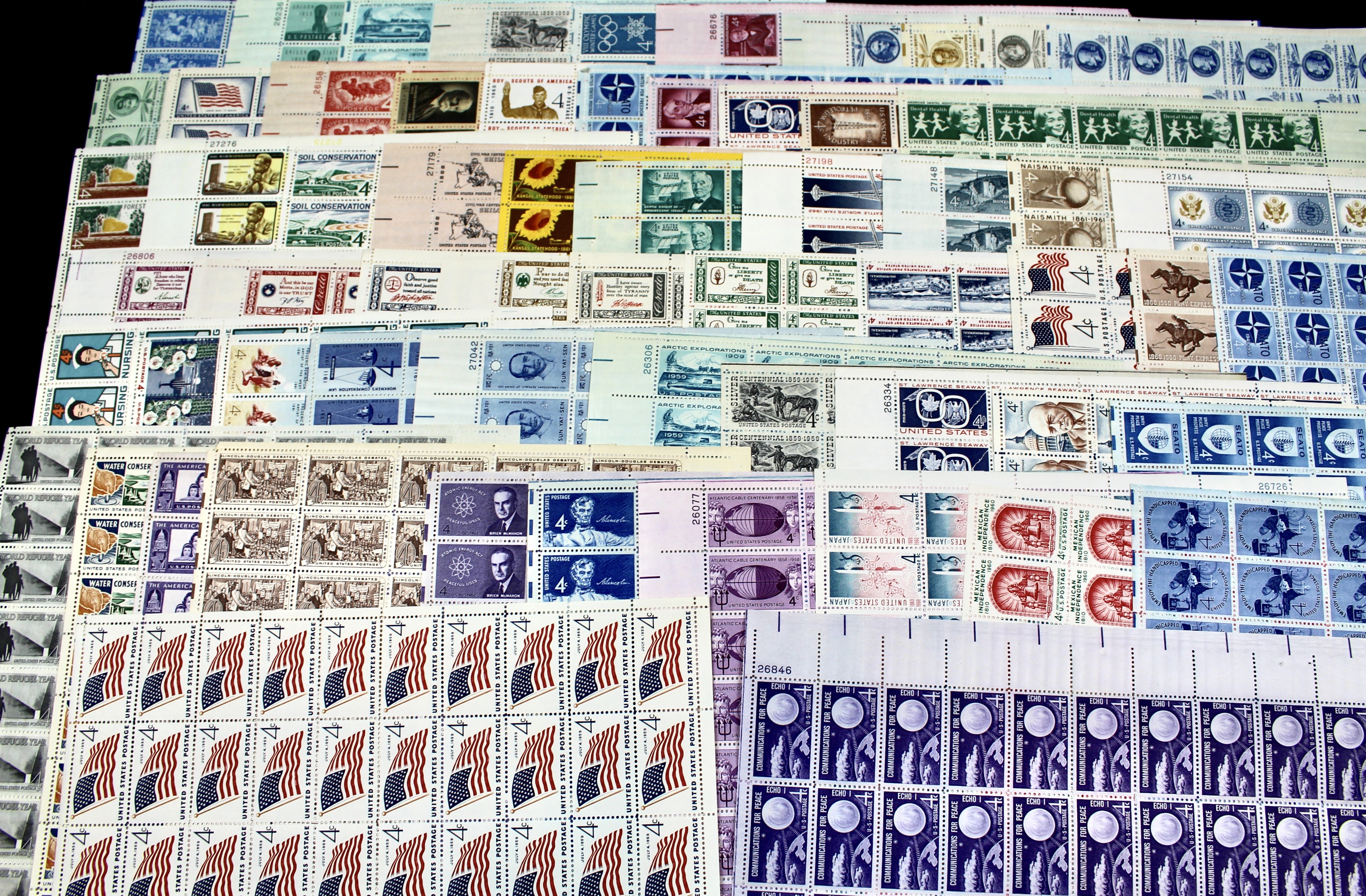 Sixty-One Different 4-Cent Postage Stamp Sheets, 1950s-1960s
