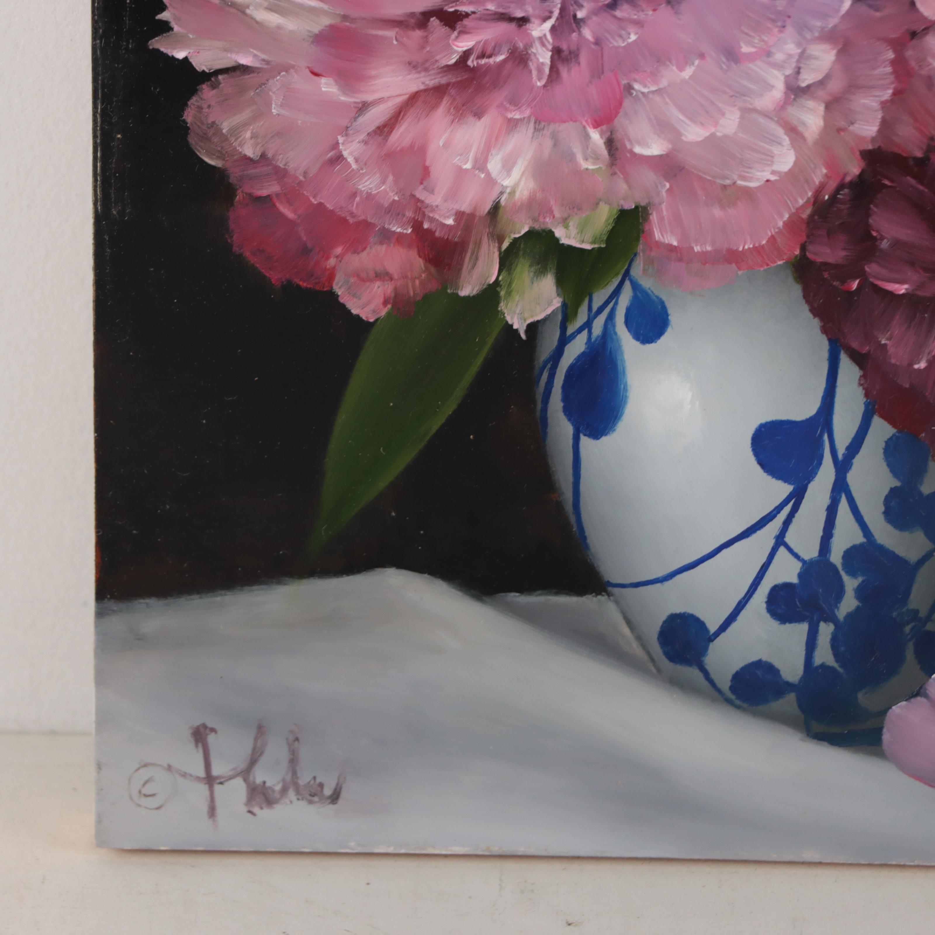 Thu-Thuy Tran Oil Painting "Pink Peonies and Hydrangeas," 2023