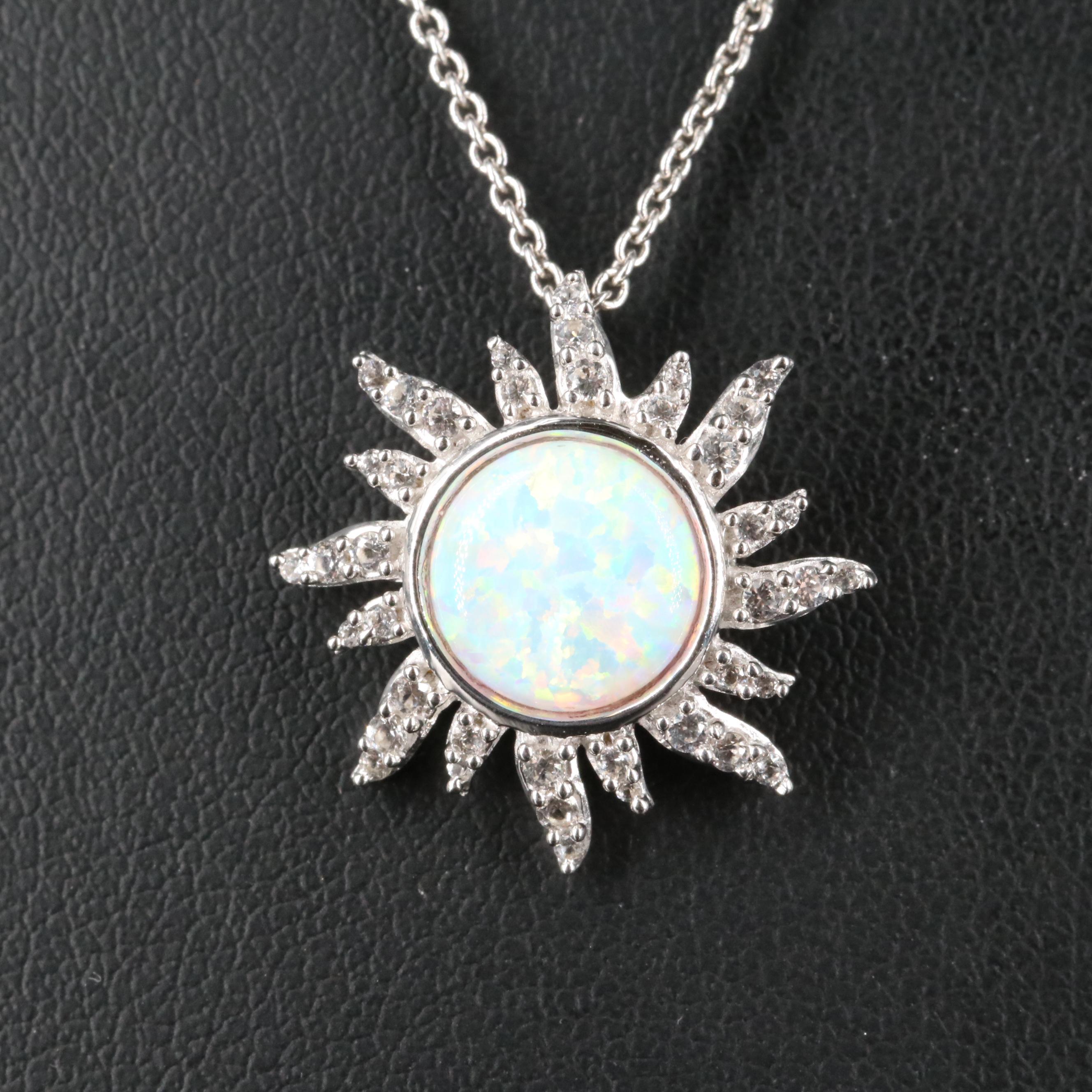 Sterling Opal and Sapphire Sunburst Pendant Necklace