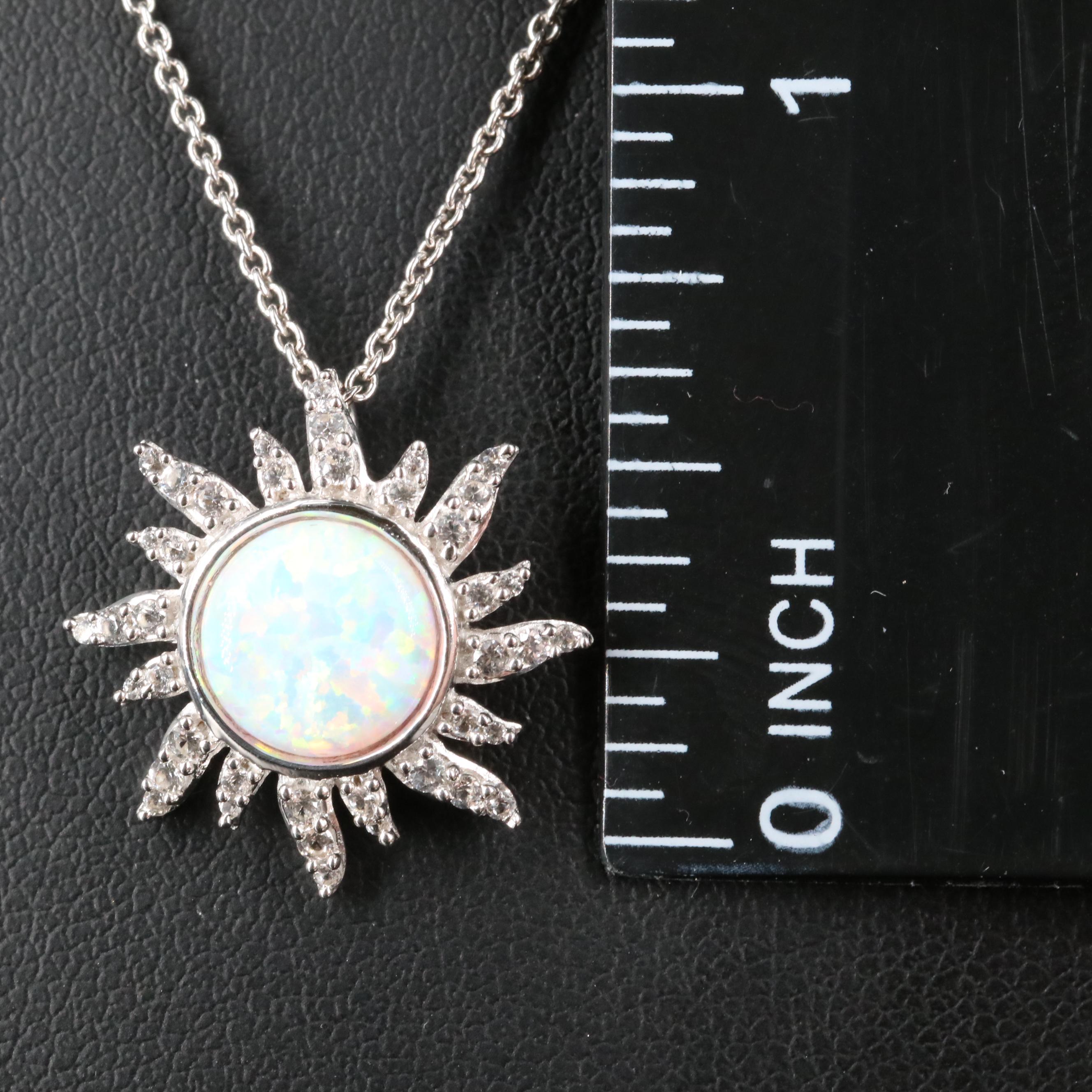 Sterling Opal and Sapphire Sunburst Pendant Necklace