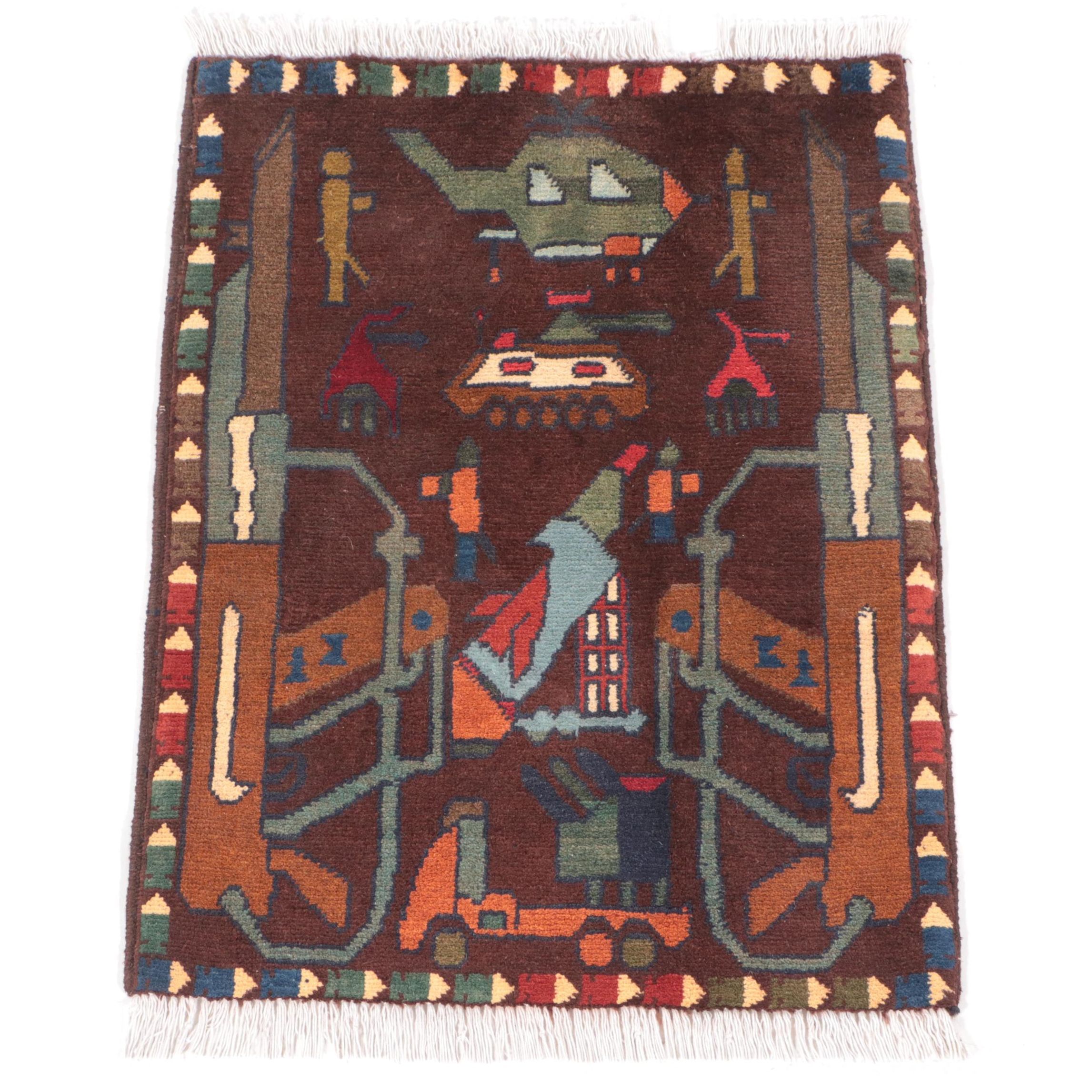 1'11 x 2'8 Hand-Knotted Afghan Pictorial War Rug