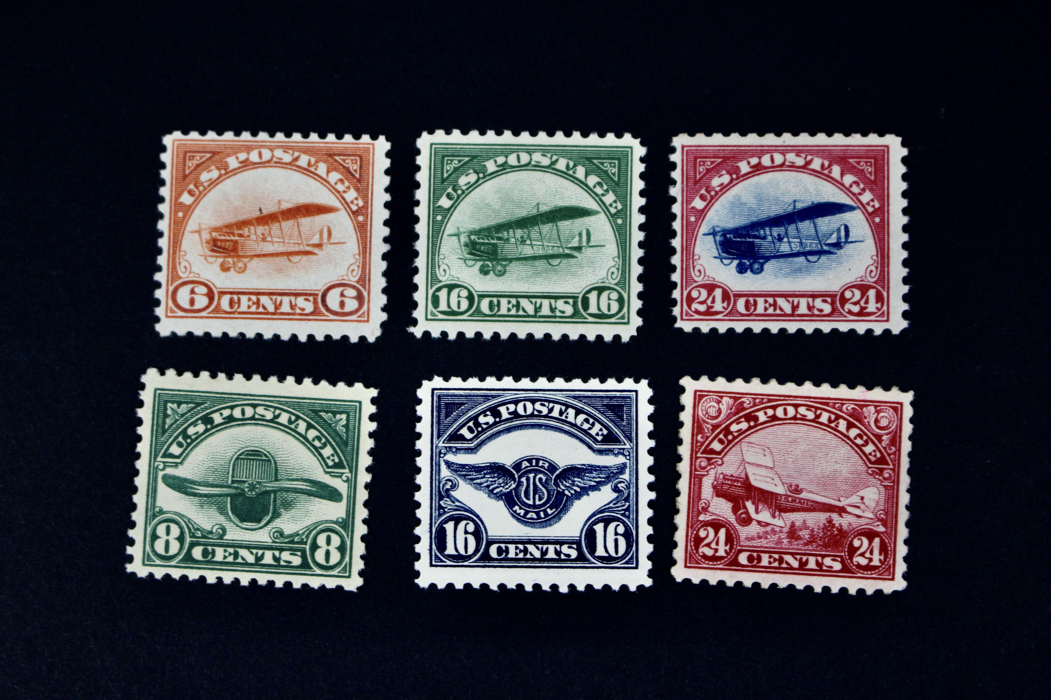 First Six U.S. Air Mail Postage Stamps, MNH