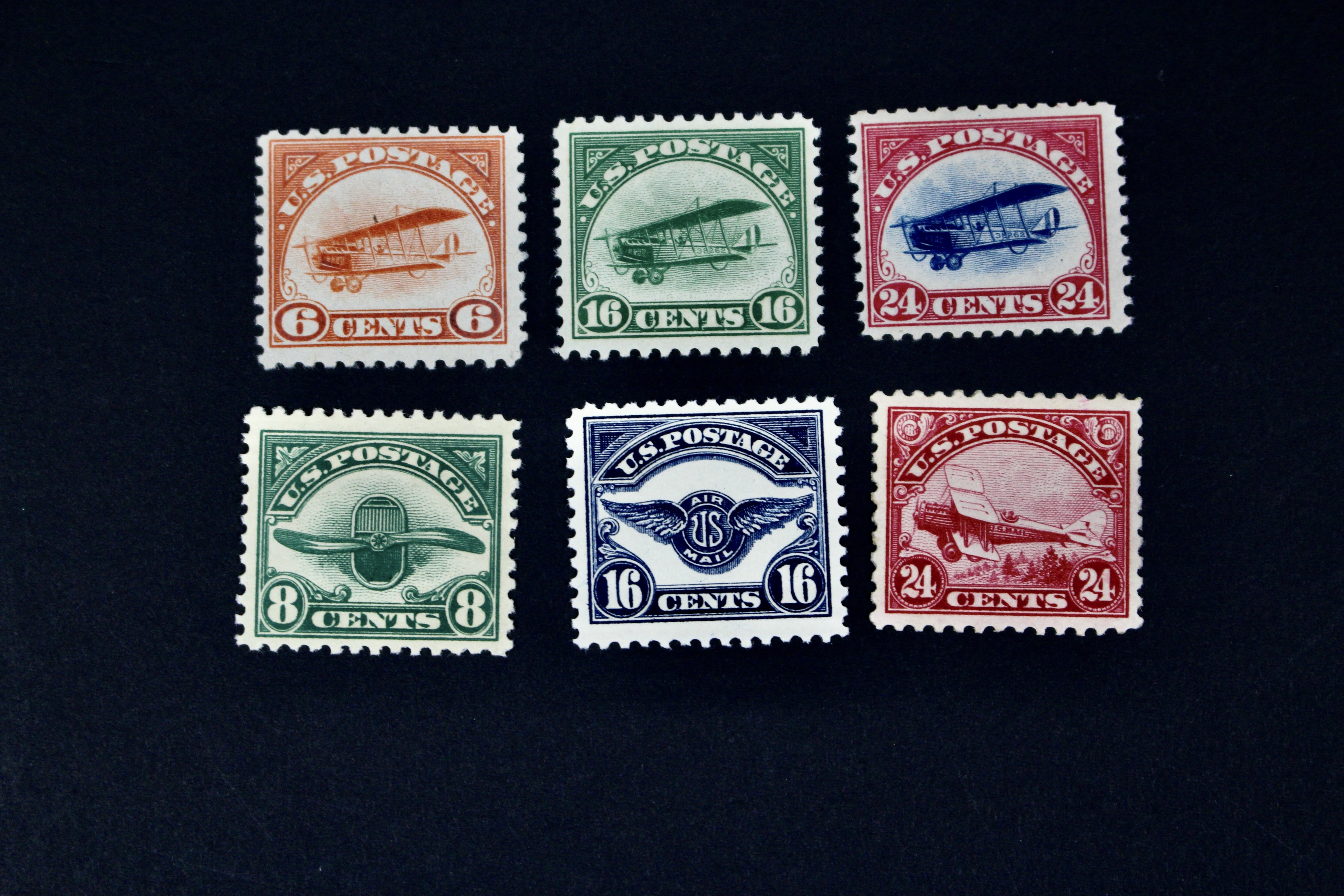 First Six U.S. Air Mail Postage Stamps, MNH