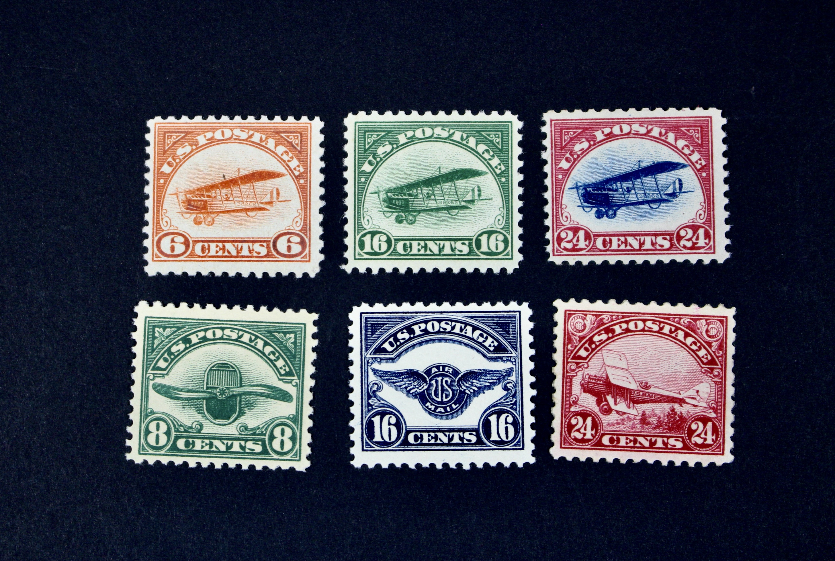 First Six U.S. Air Mail Postage Stamps, MNH
