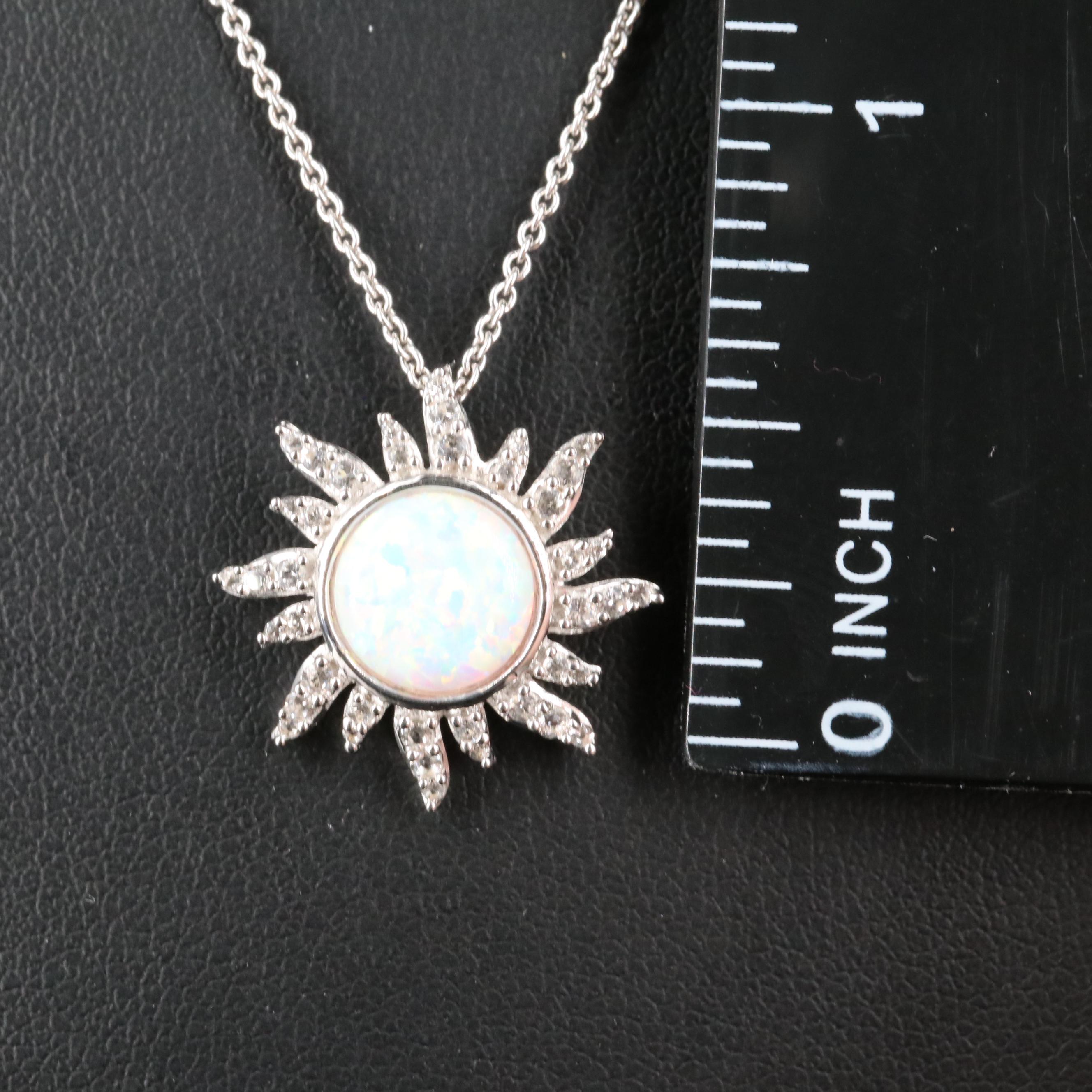 Sterling Opal and Sapphire Sunburst Pendant Necklace