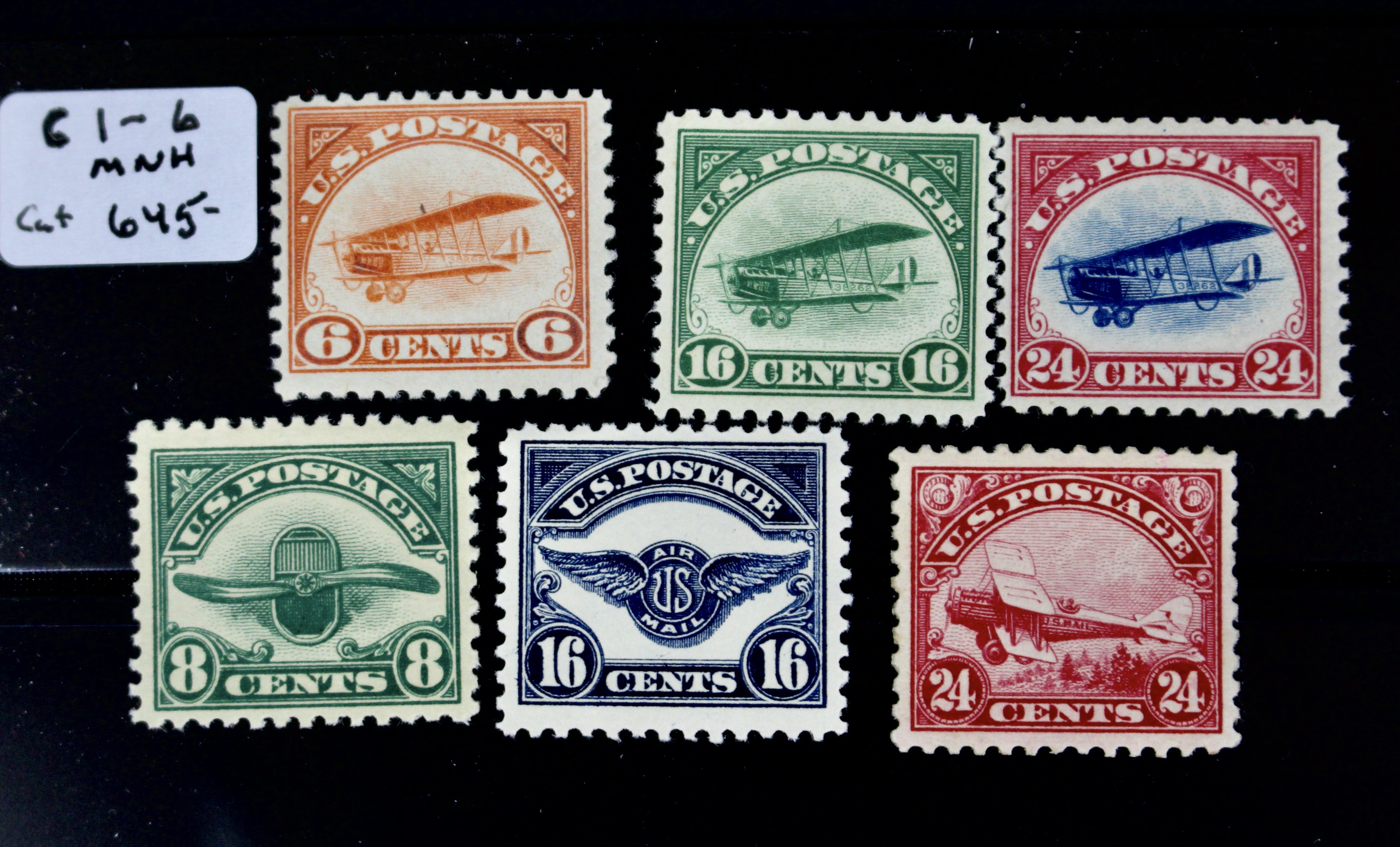 First Six U.S. Air Mail Postage Stamps, MNH