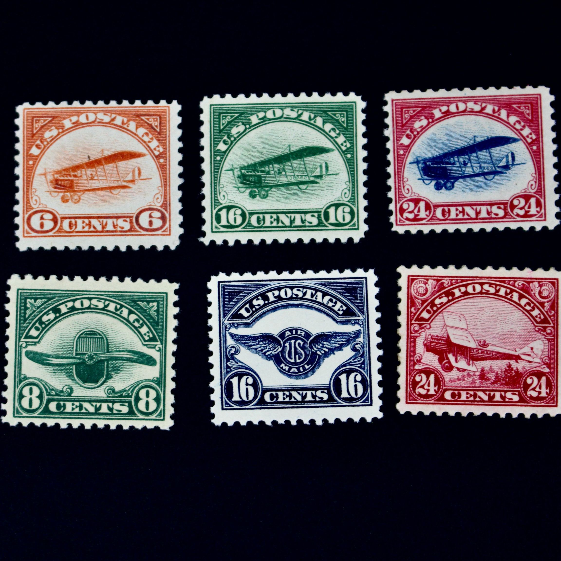 First Six U.S. Air Mail Postage Stamps, MNH