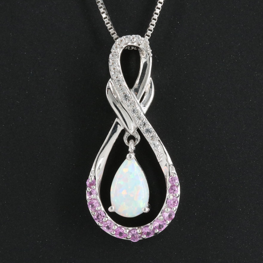 Sterling Opal and Sapphire Pendant Necklace