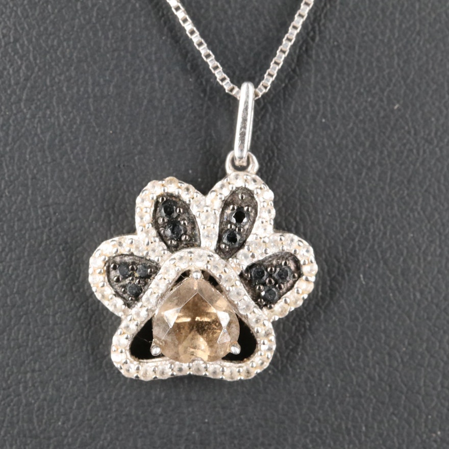 Sterling Smoky Quartz, Spinel and Sapphire Paw Print Pendant Necklace