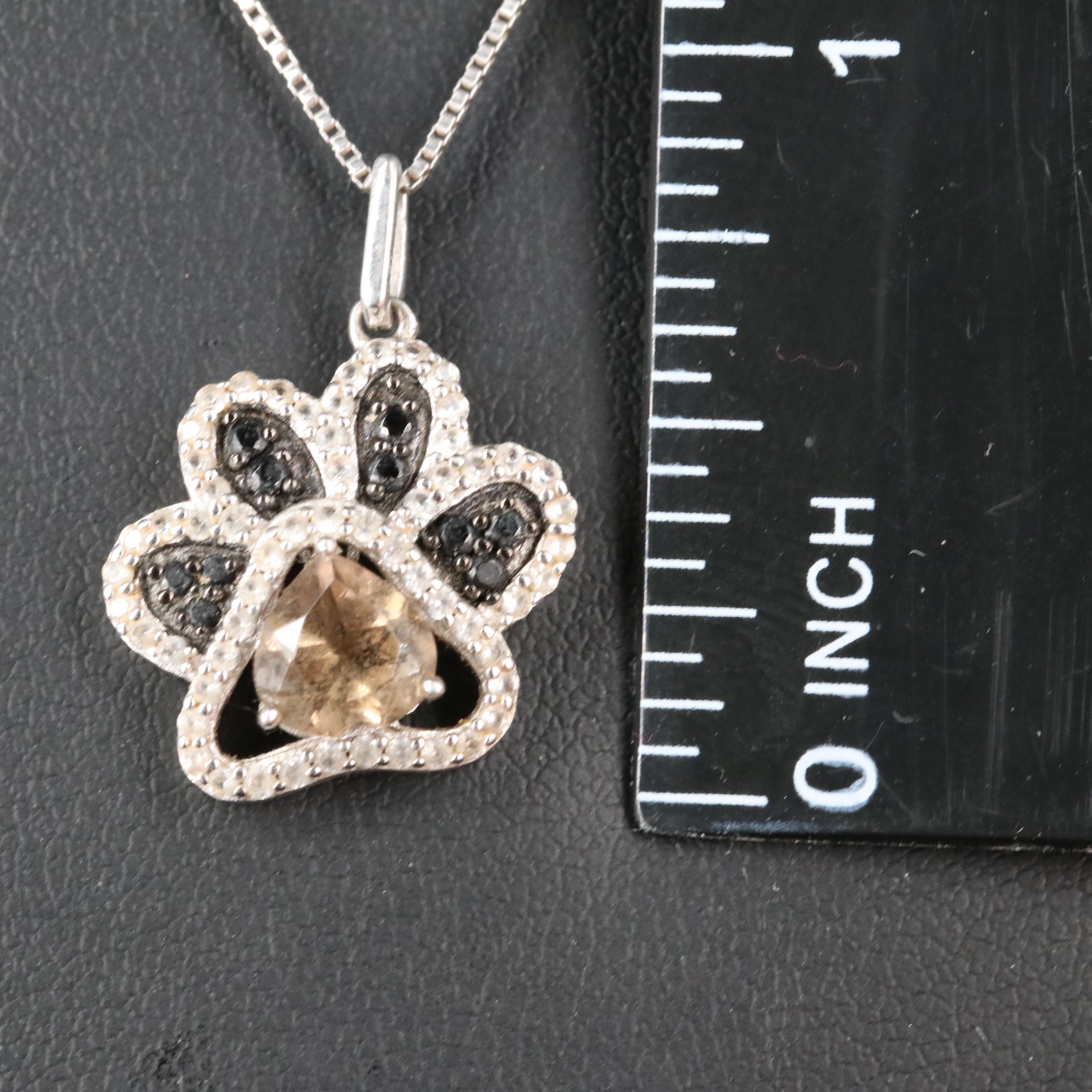 Sterling Smoky Quartz, Spinel and Sapphire Paw Print Pendant Necklace
