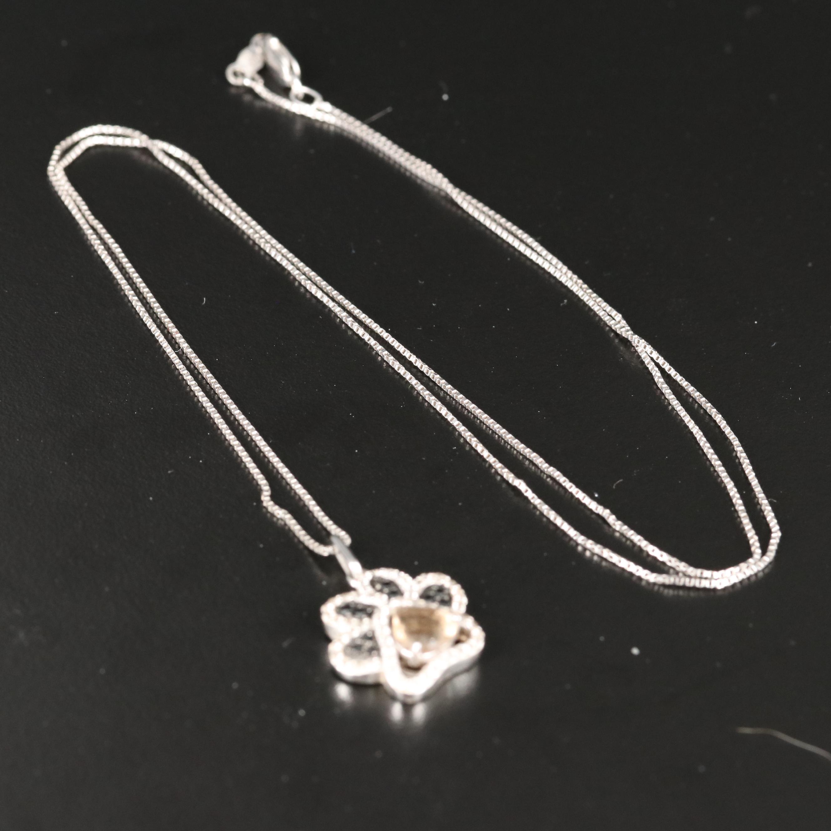 Sterling Smoky Quartz, Spinel and Sapphire Paw Print Pendant Necklace