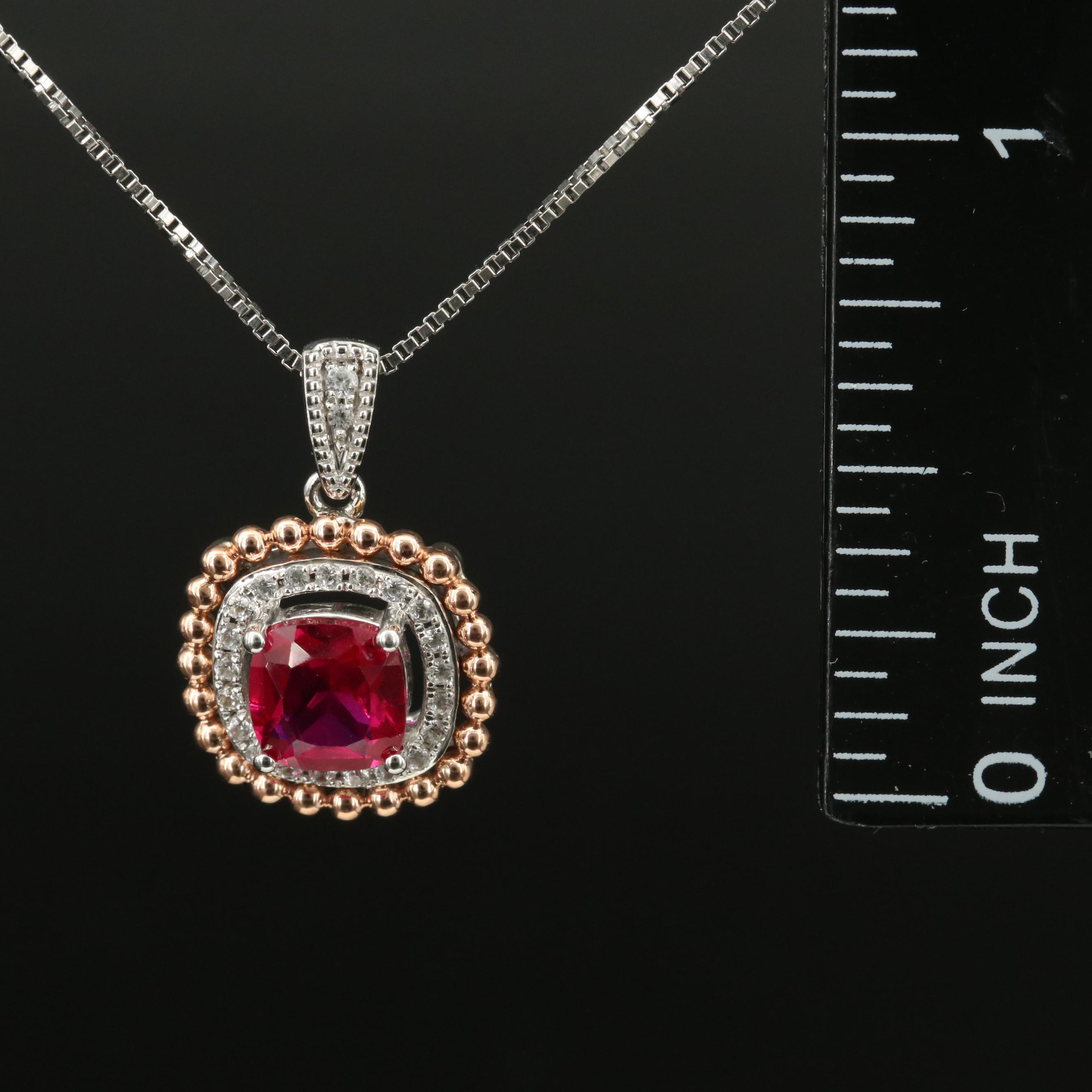 Sterling Ruby and White Sapphire Pendant Necklace with 10K Rose Gold Accent