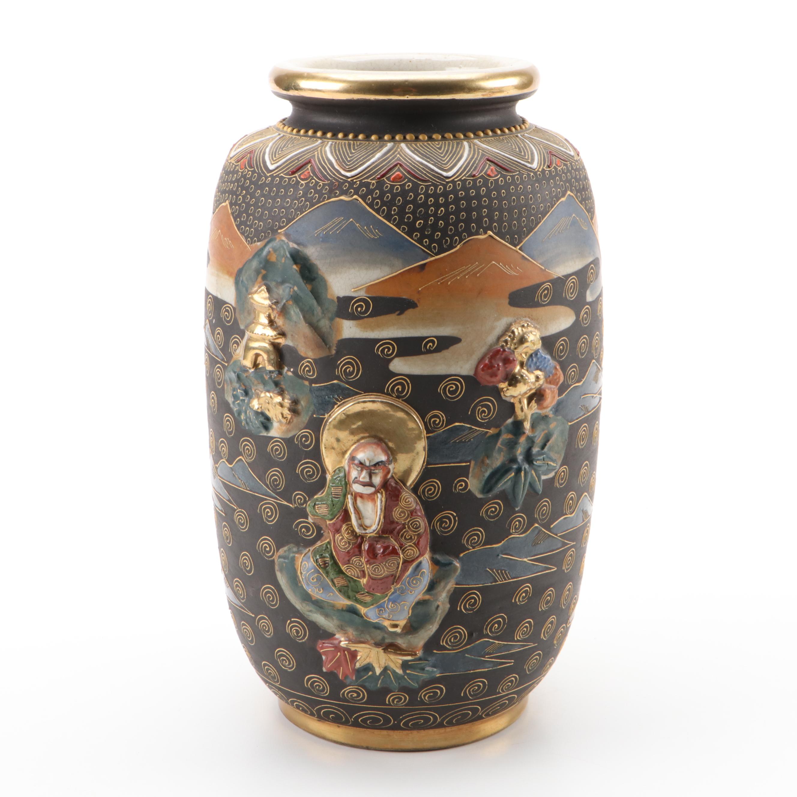 Japanese Satsuma Earthenware Immortals Vase, Early to Mid-20th C.