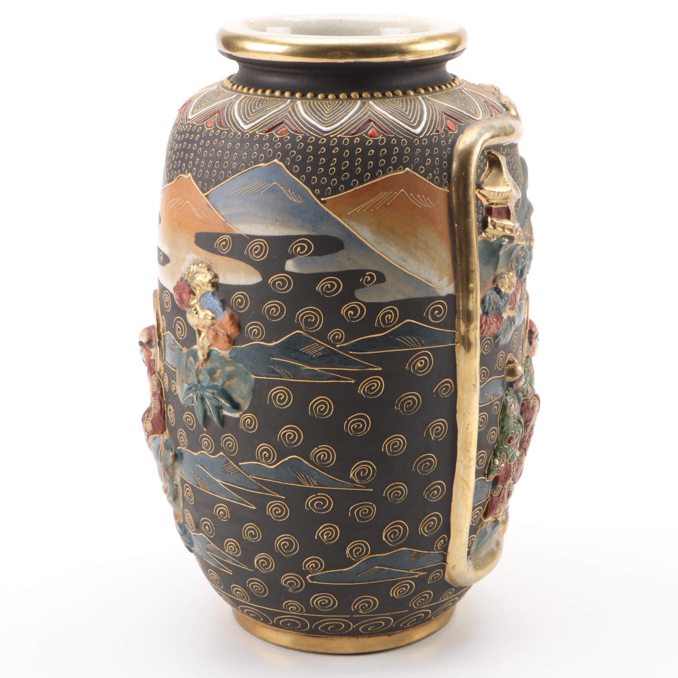 Japanese Satsuma Earthenware Immortals Vase, Early to Mid-20th C.