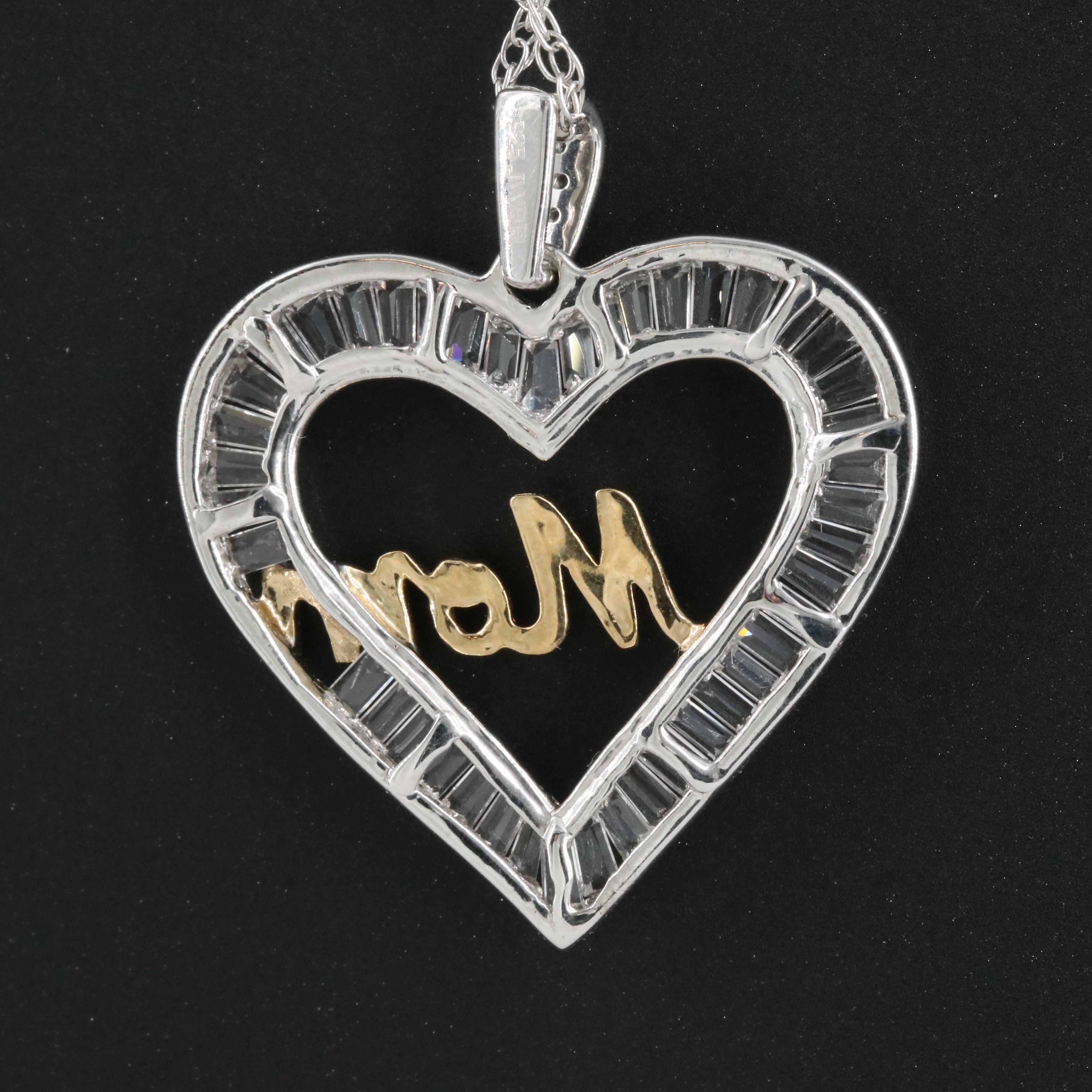 Sterling Sapphire "Mom" Heart Pendant Necklace