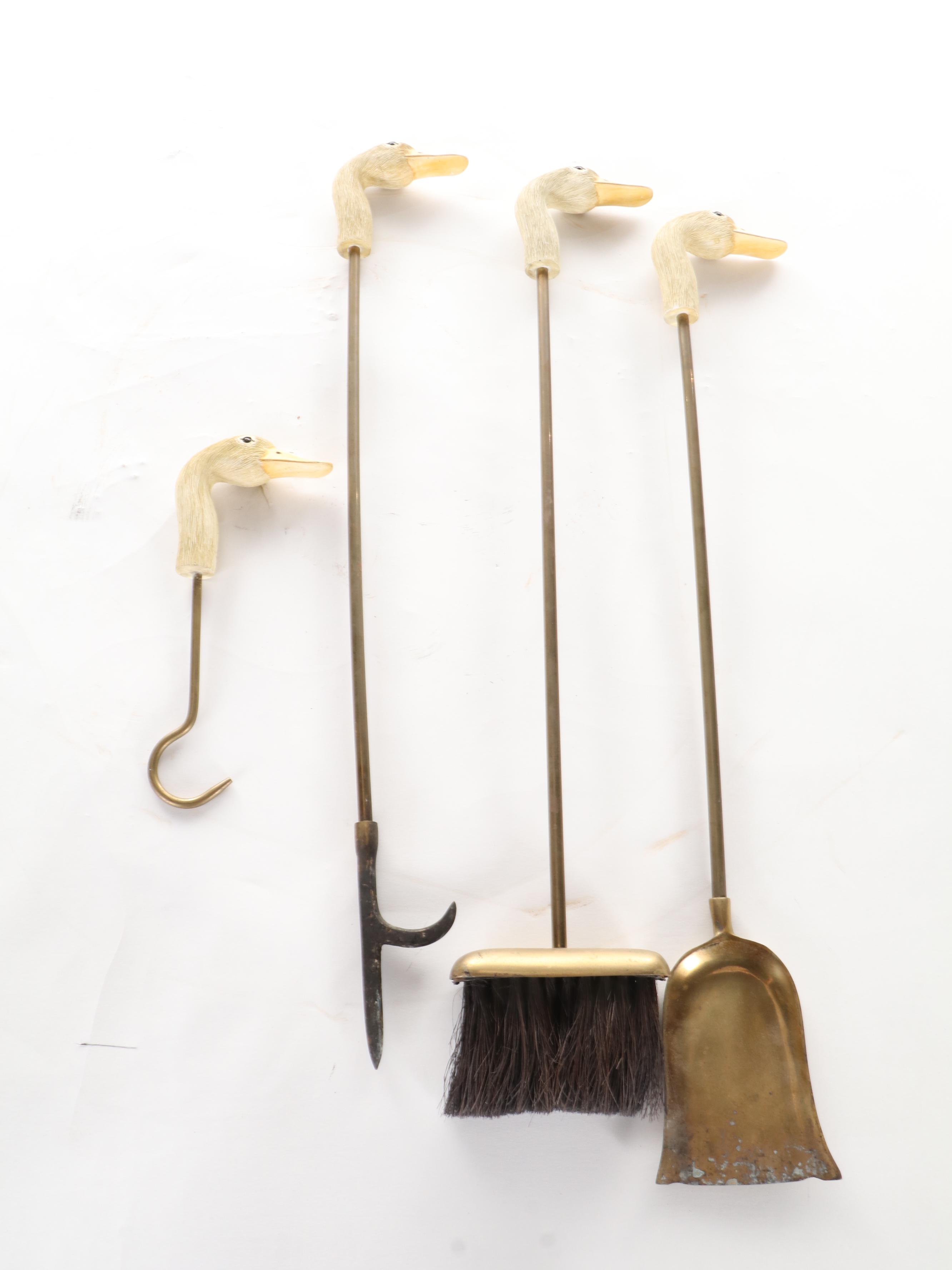 Resin and Brass Mallard Head Fireplace Tool Set and Stand