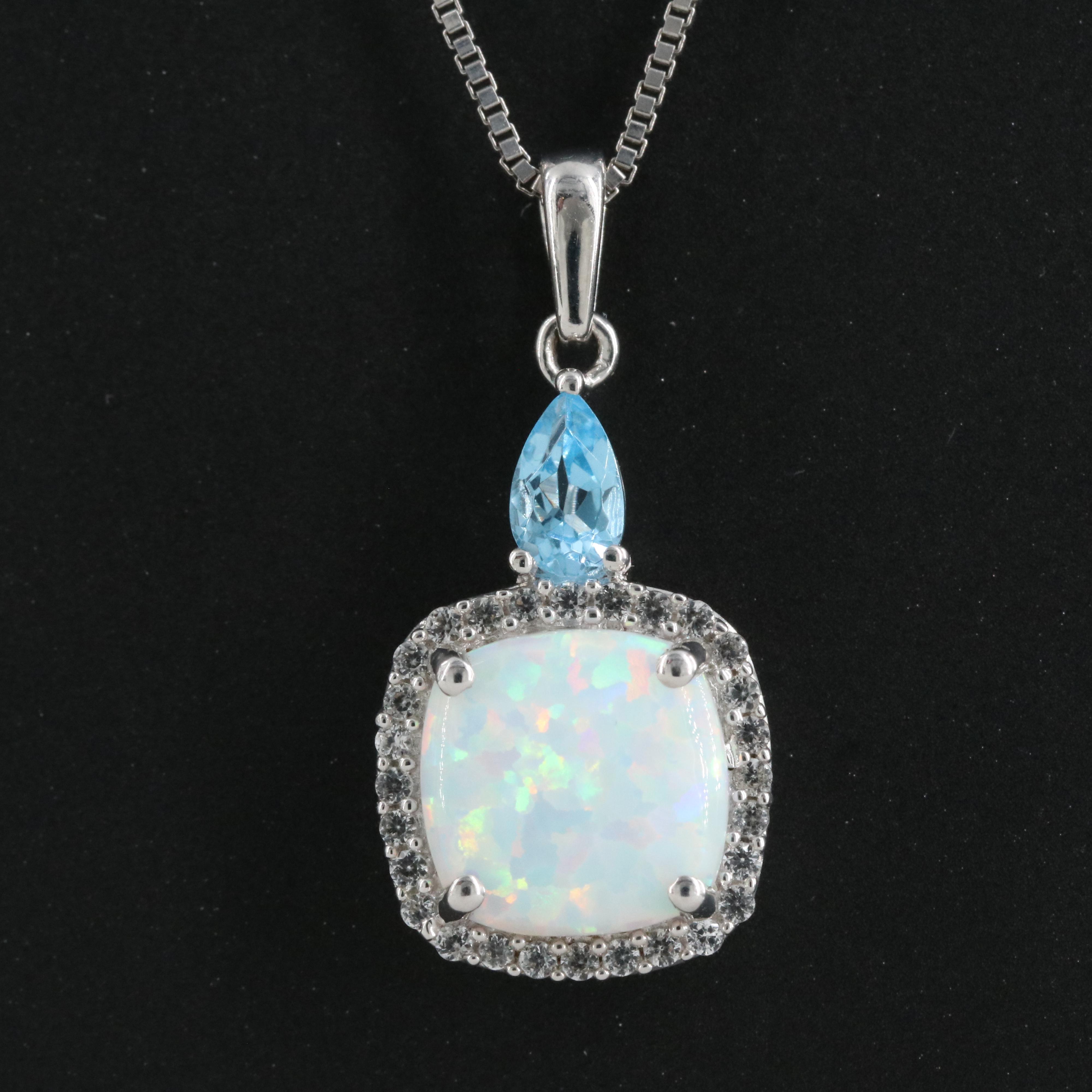 Sterling Opal, Topaz and Sapphire Pendant Necklace