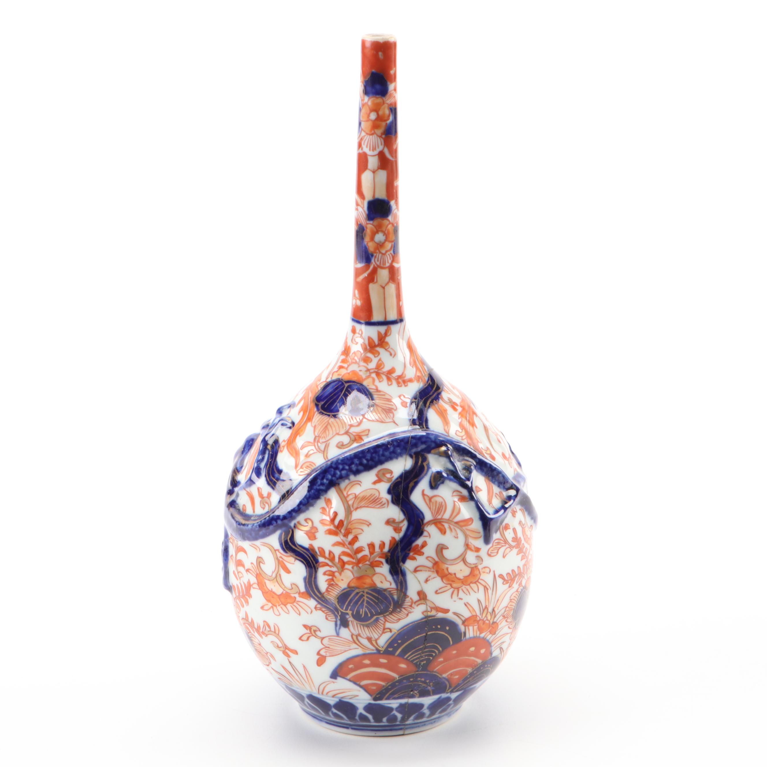 Japanese Kutani Dragon Relief Porcelain Bottle Vase, Antique