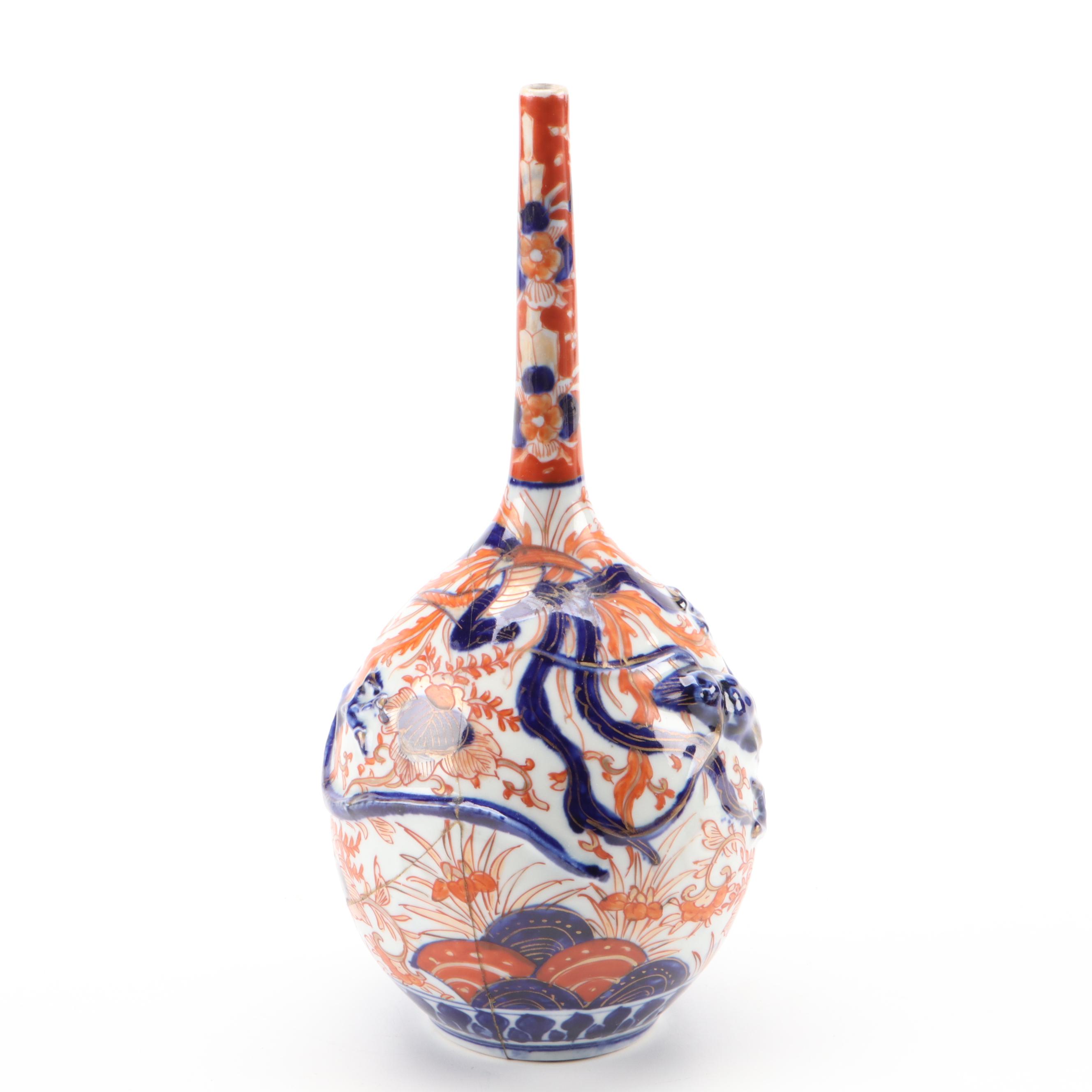 Japanese Kutani Dragon Relief Porcelain Bottle Vase, Antique
