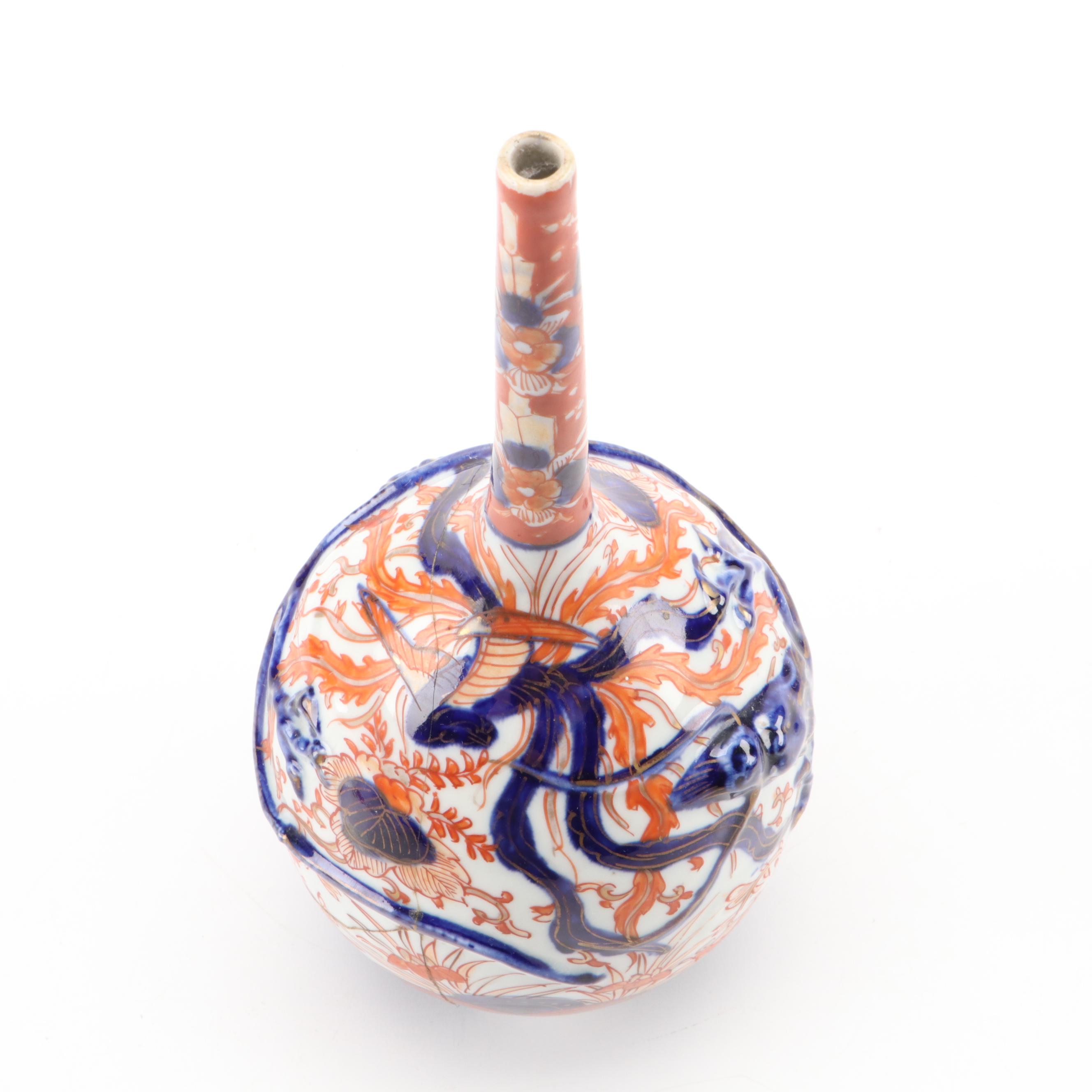 Japanese Kutani Dragon Relief Porcelain Bottle Vase, Antique