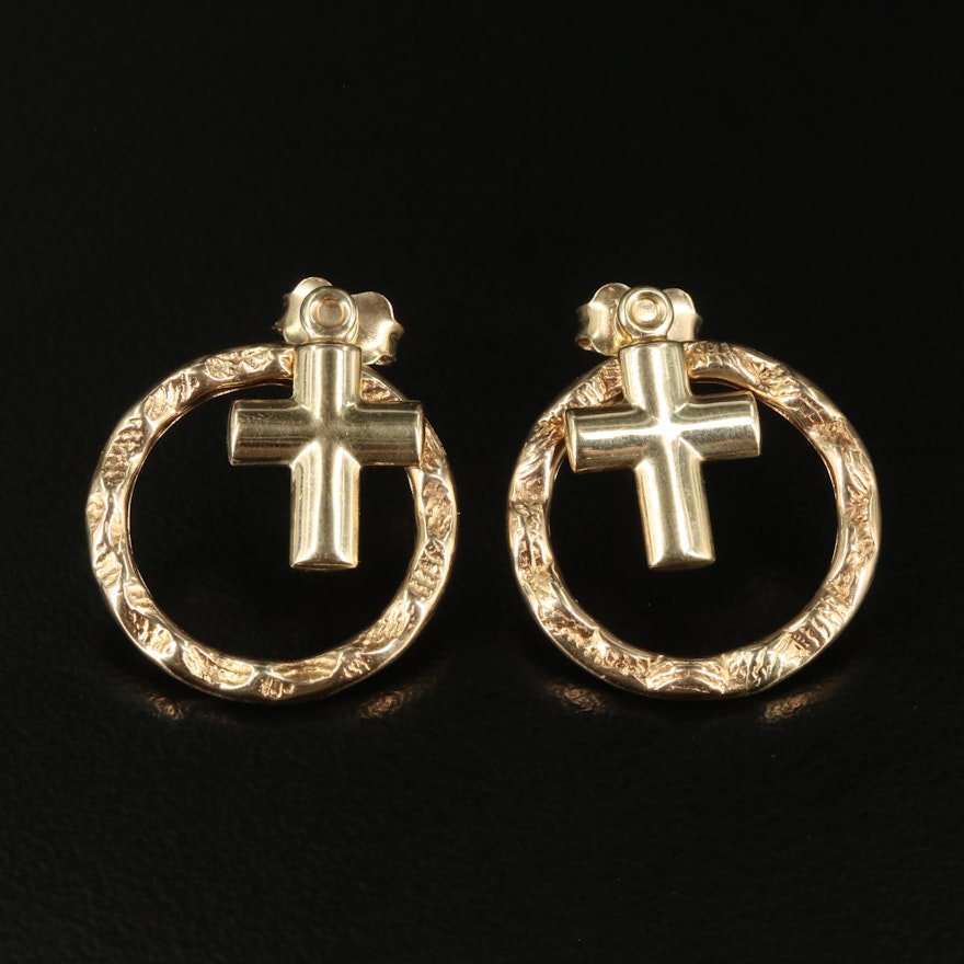 14K Cross in Textured Hoop Door Knocker Earrings