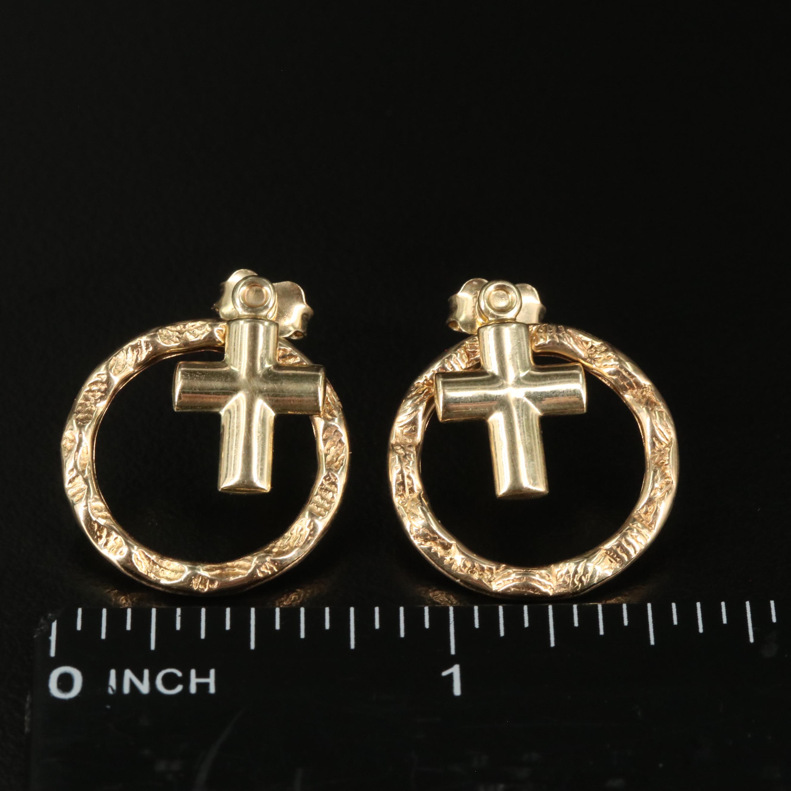 14K Cross in Textured Hoop Door Knocker Earrings