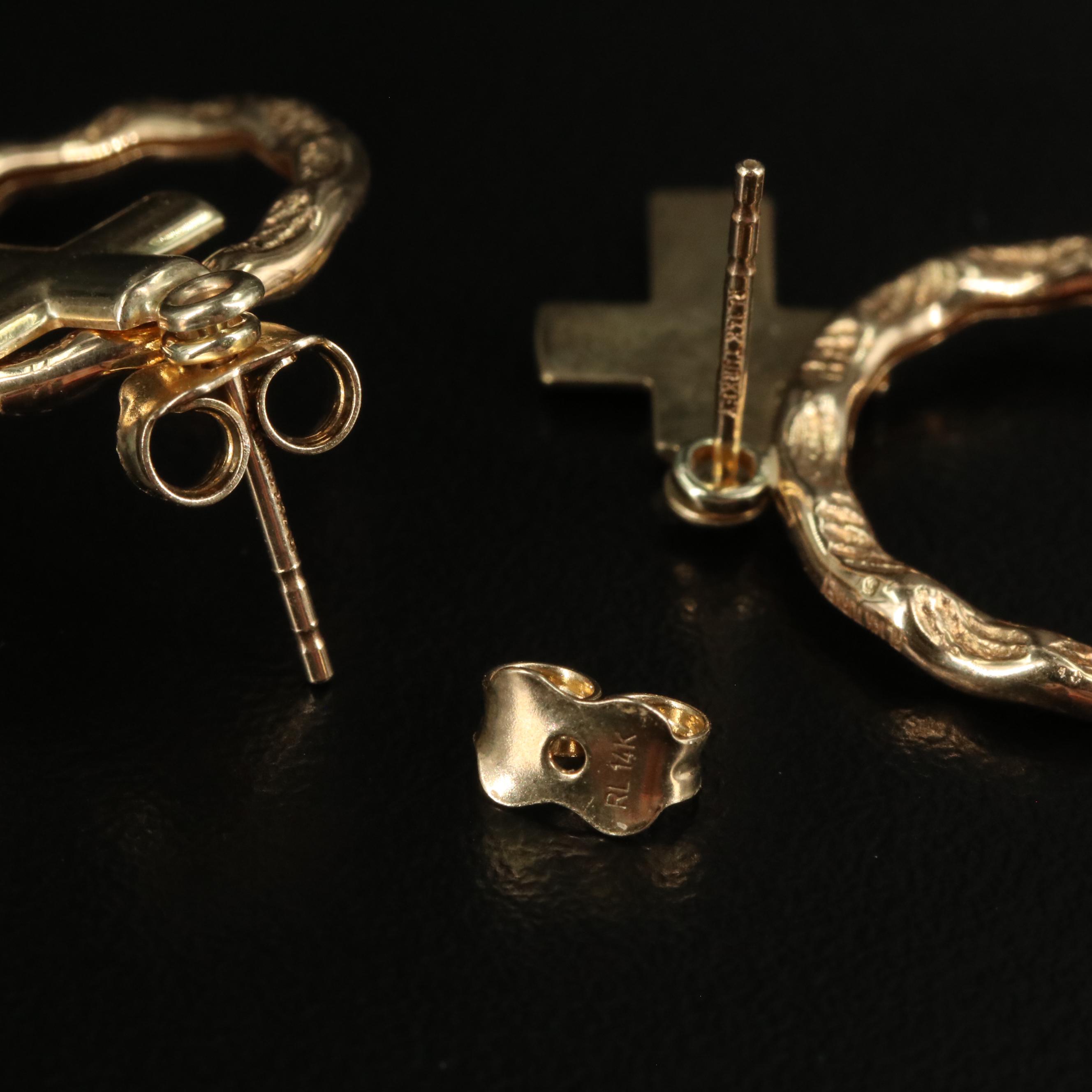 14K Cross in Textured Hoop Door Knocker Earrings