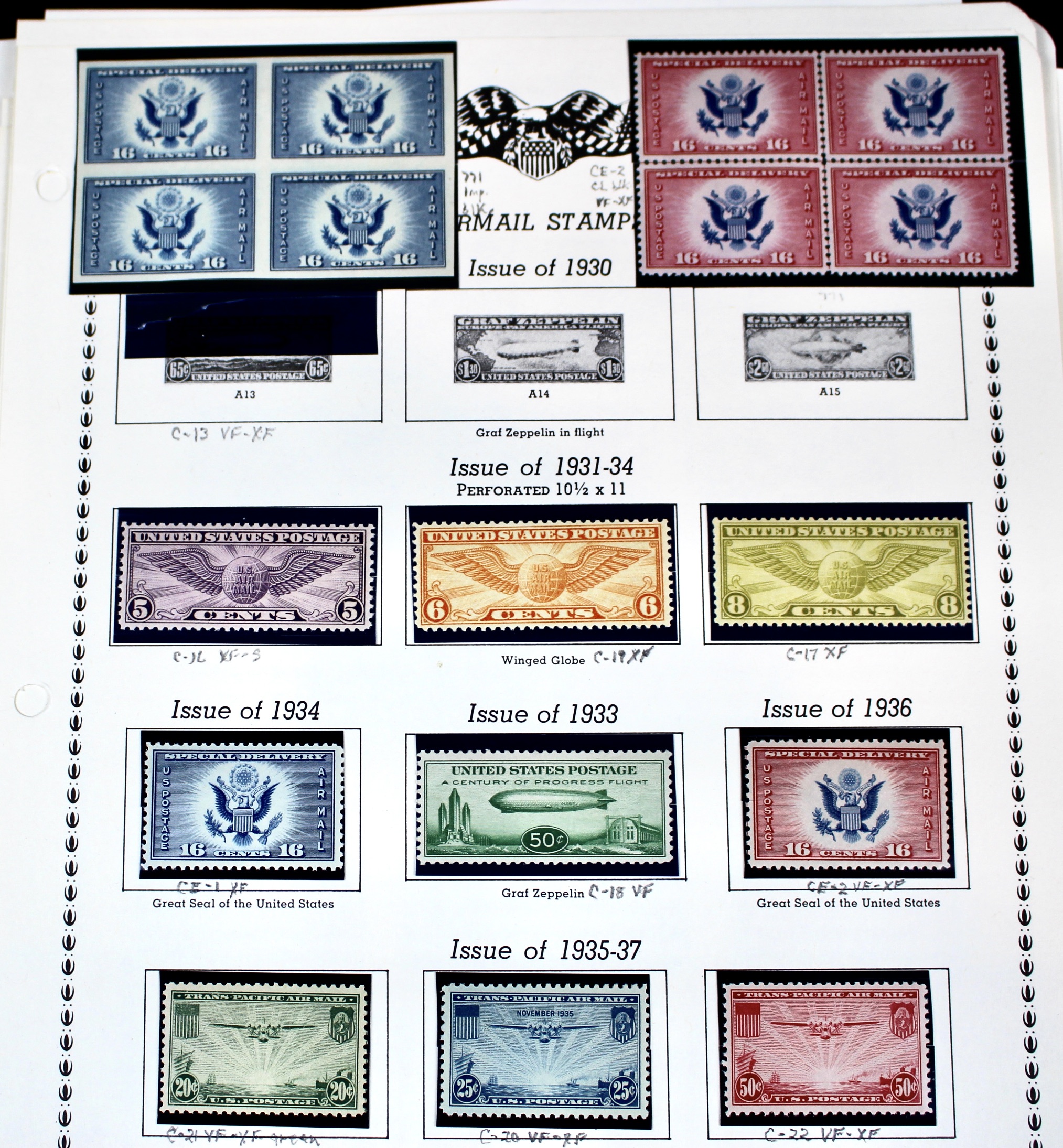 Mint Never Hinged U.S. Airmail Postage Stamp Collection