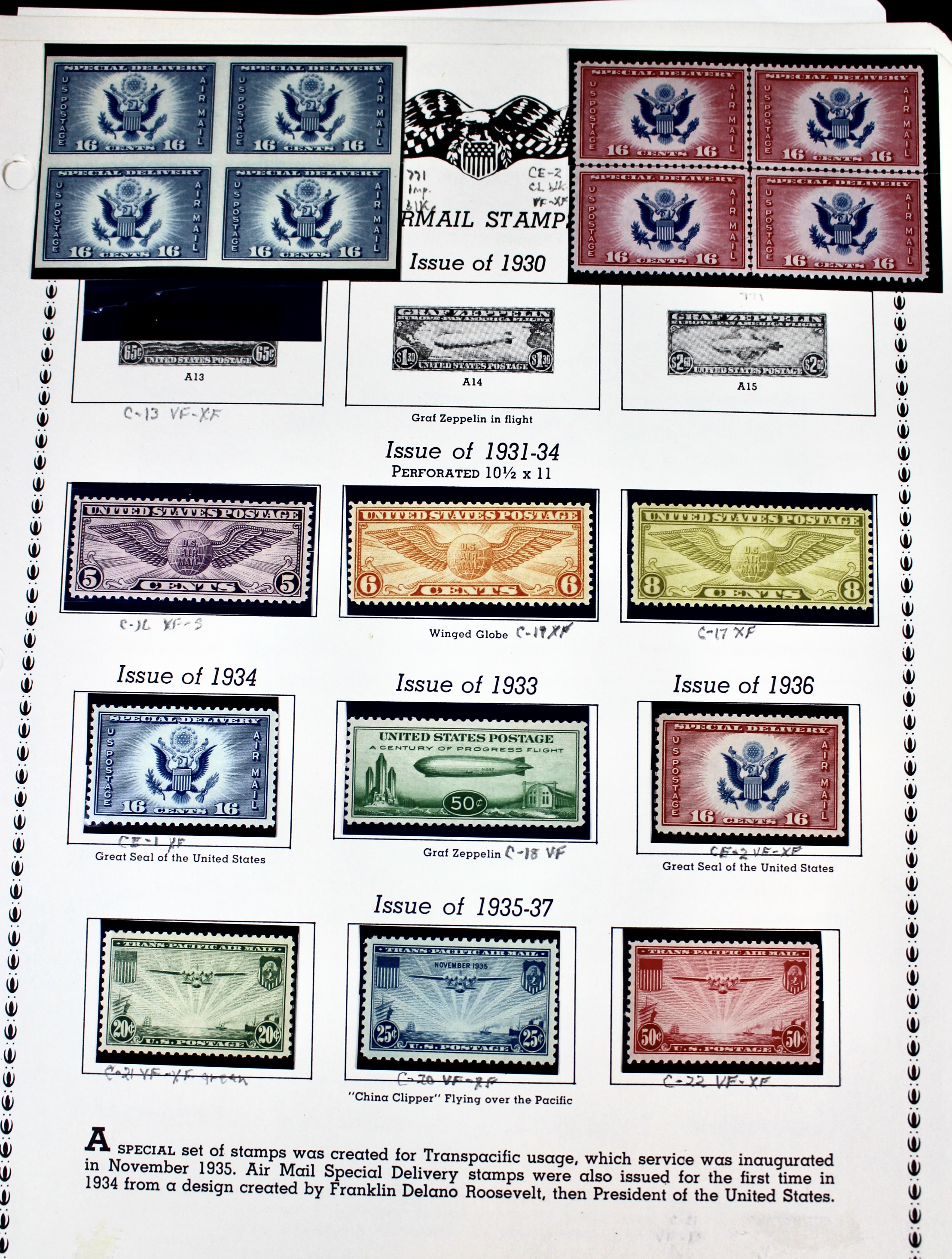 Mint Never Hinged U.S. Airmail Postage Stamp Collection