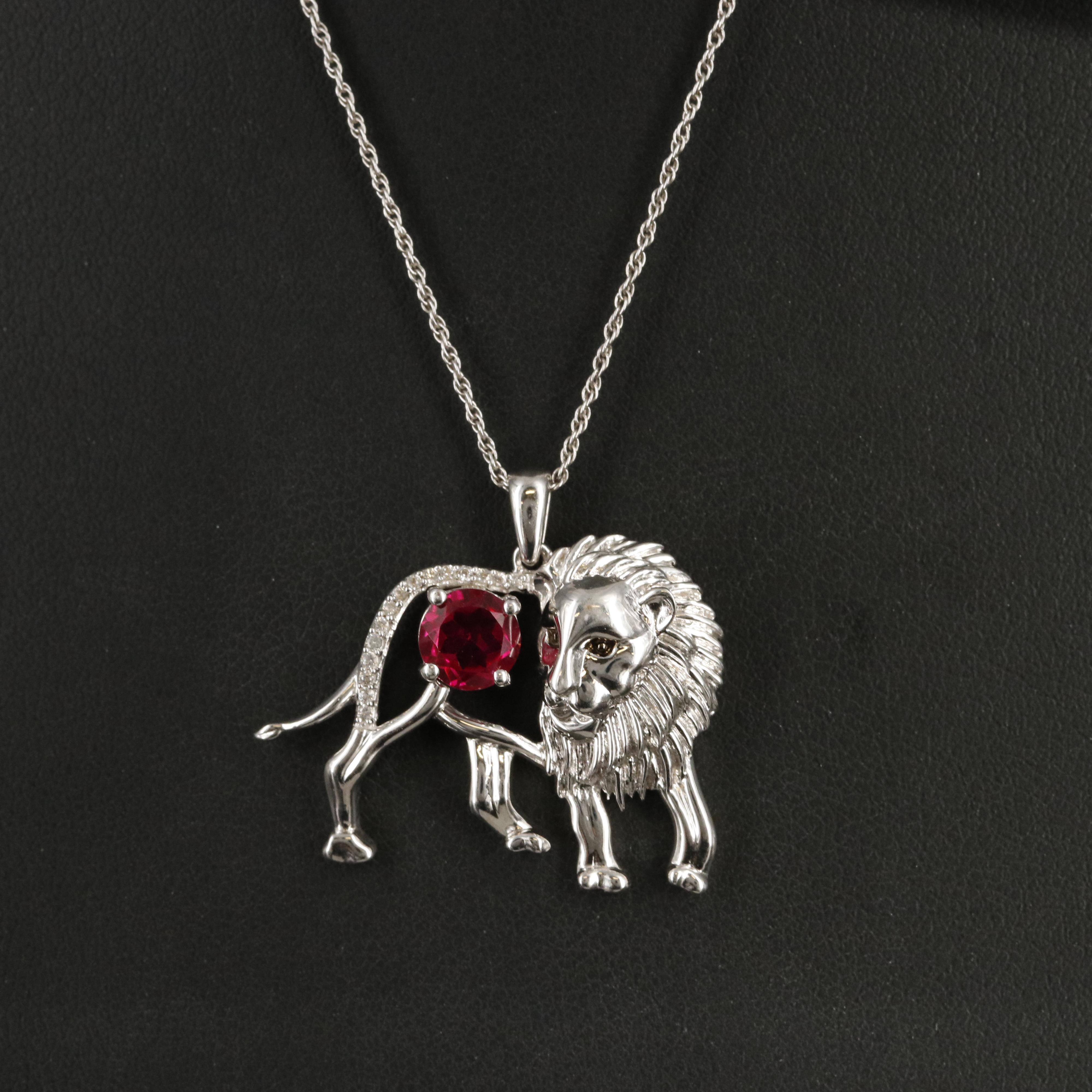 Sterling Ruby and Sapphire Lion Pendant Necklace