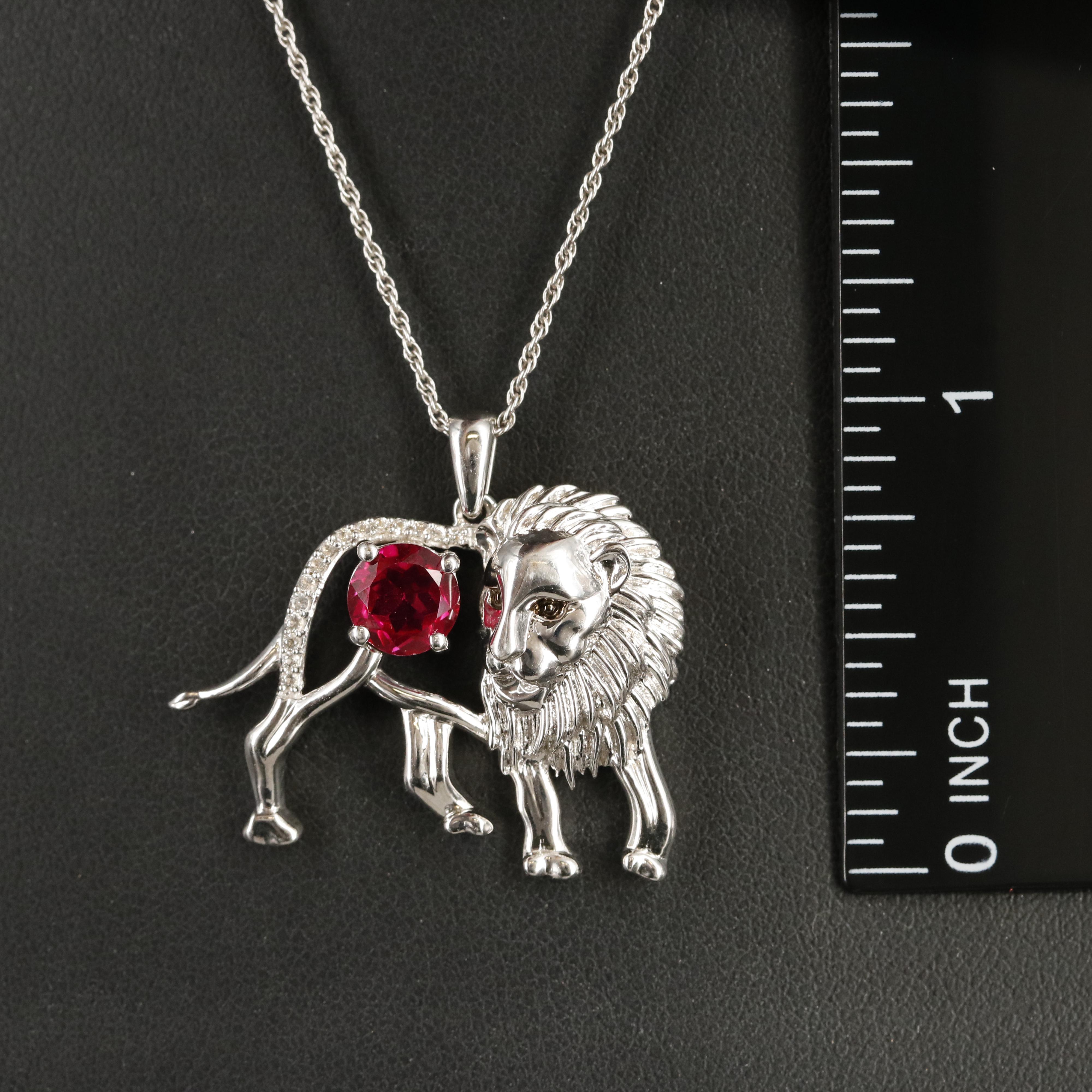 Sterling Ruby and Sapphire Lion Pendant Necklace
