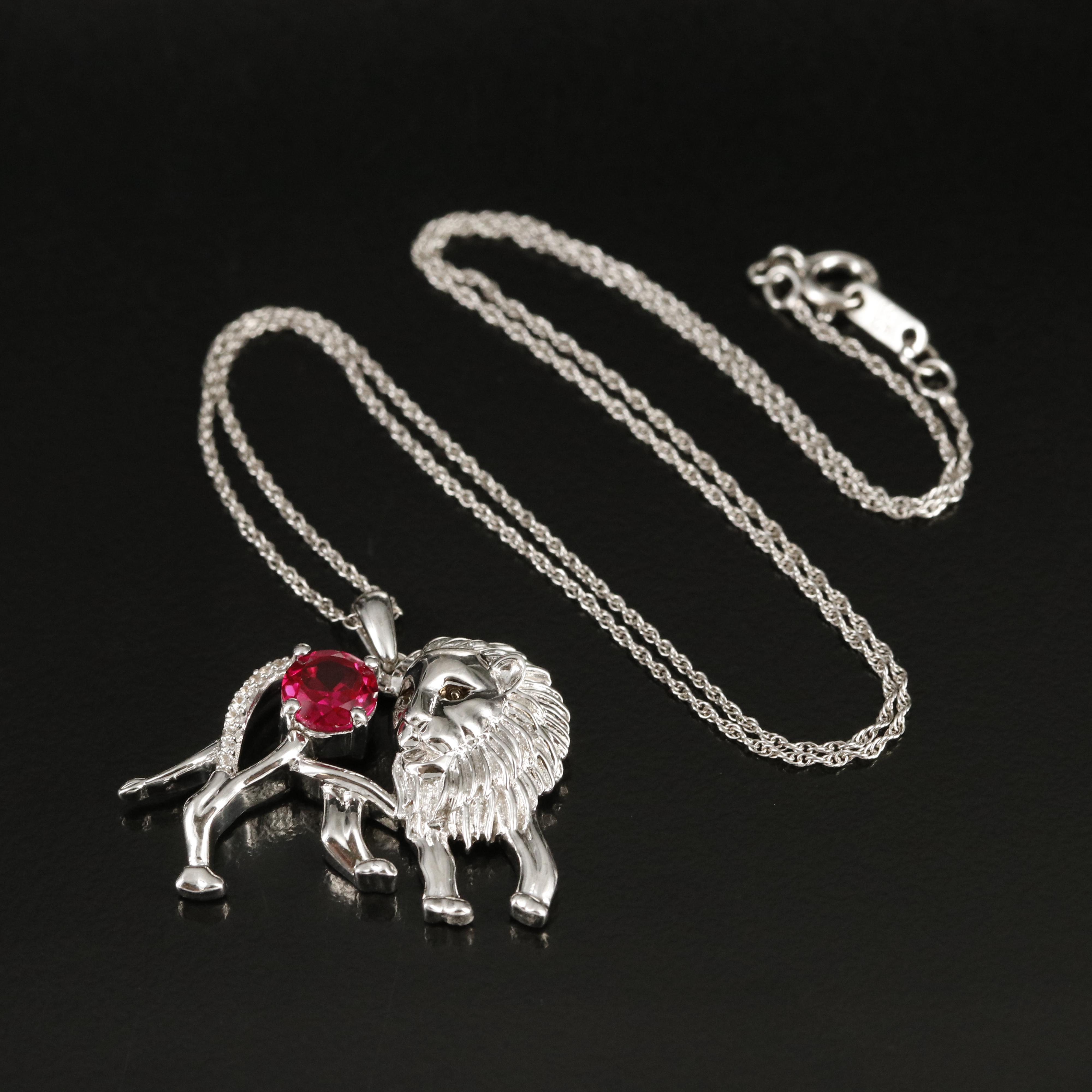 Sterling Ruby and Sapphire Lion Pendant Necklace