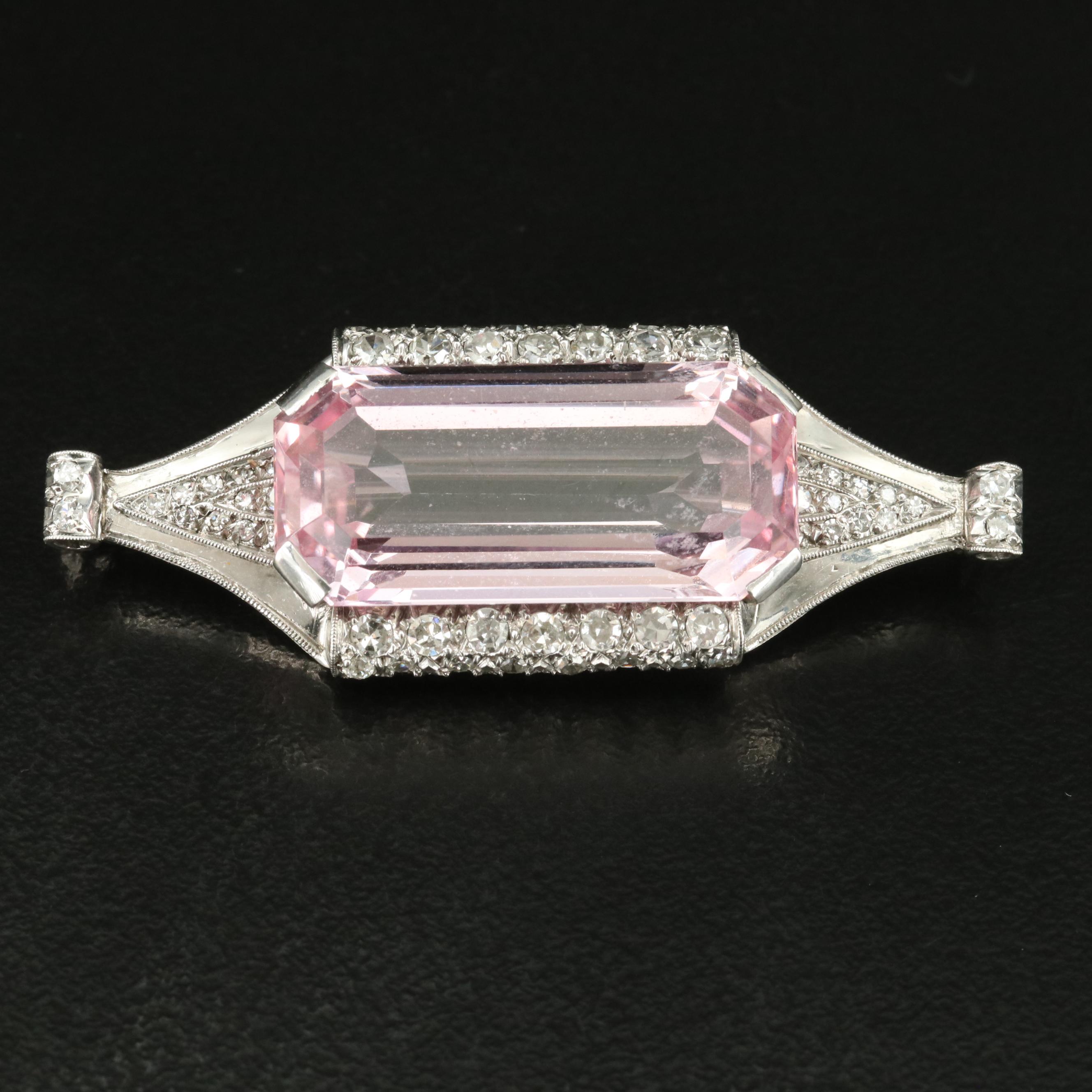 1930s Platinum 22.54 CT Pink Topaz and Diamond Brooch
