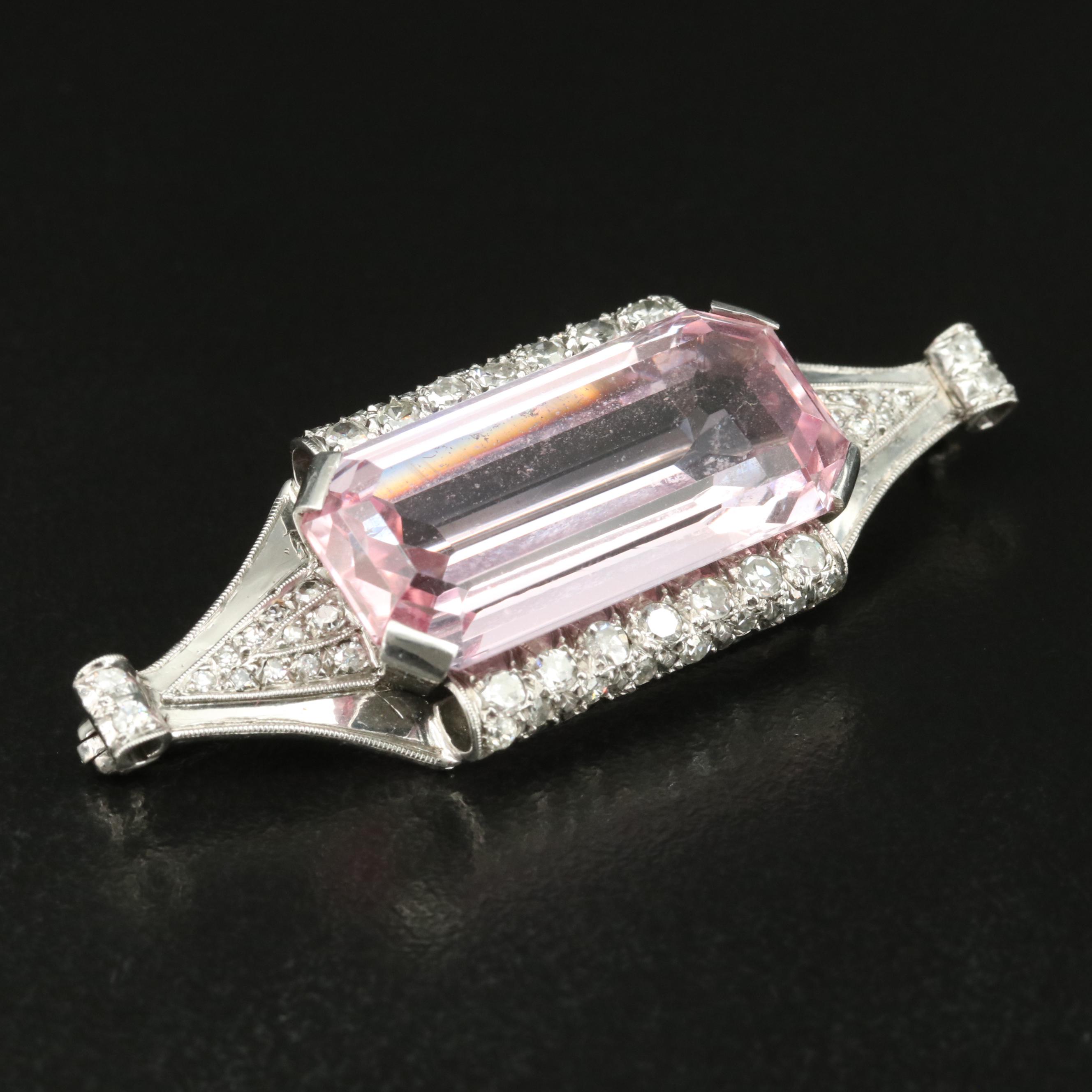 1930s Platinum 22.54 CT Pink Topaz and Diamond Brooch