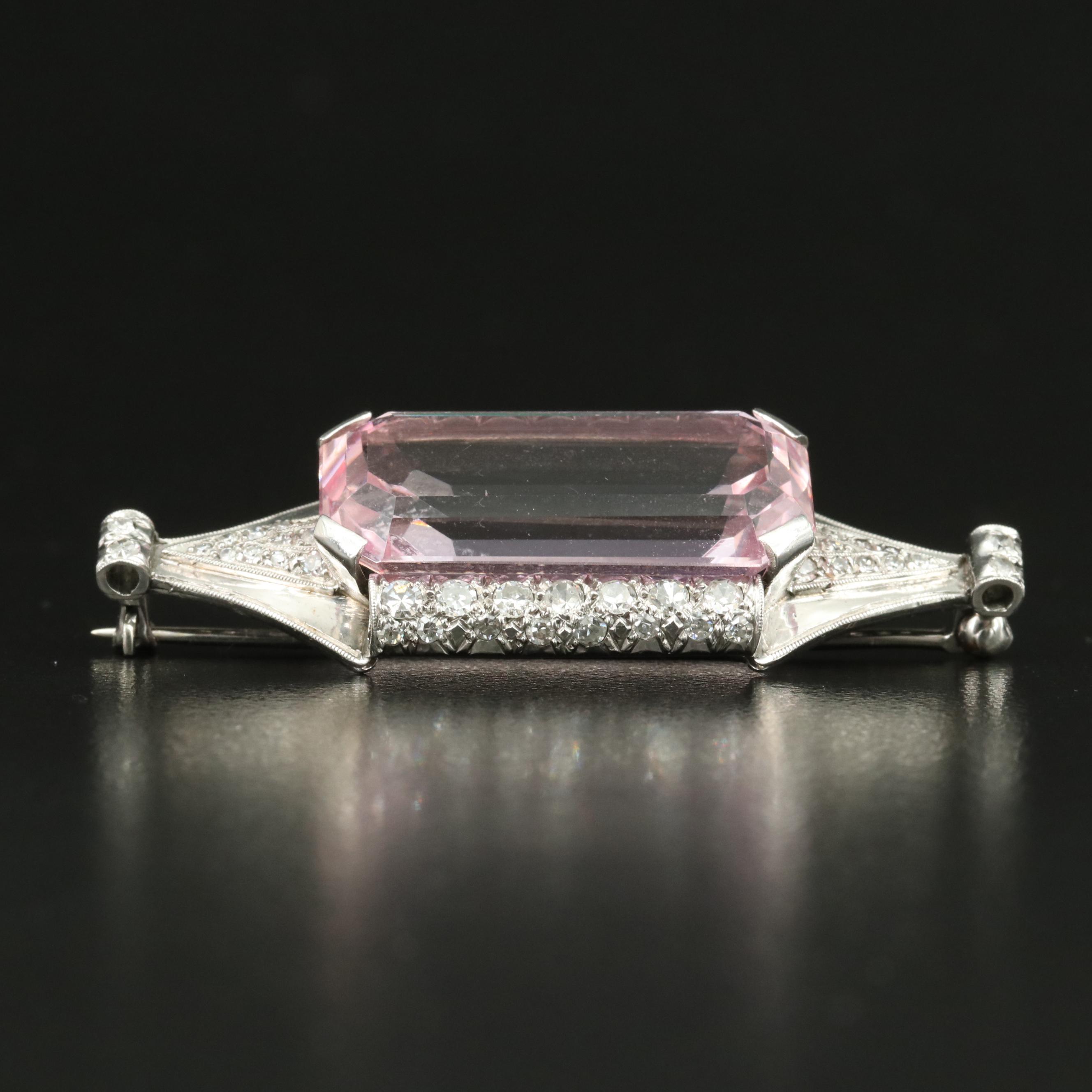 1930s Platinum 22.54 CT Pink Topaz and Diamond Brooch