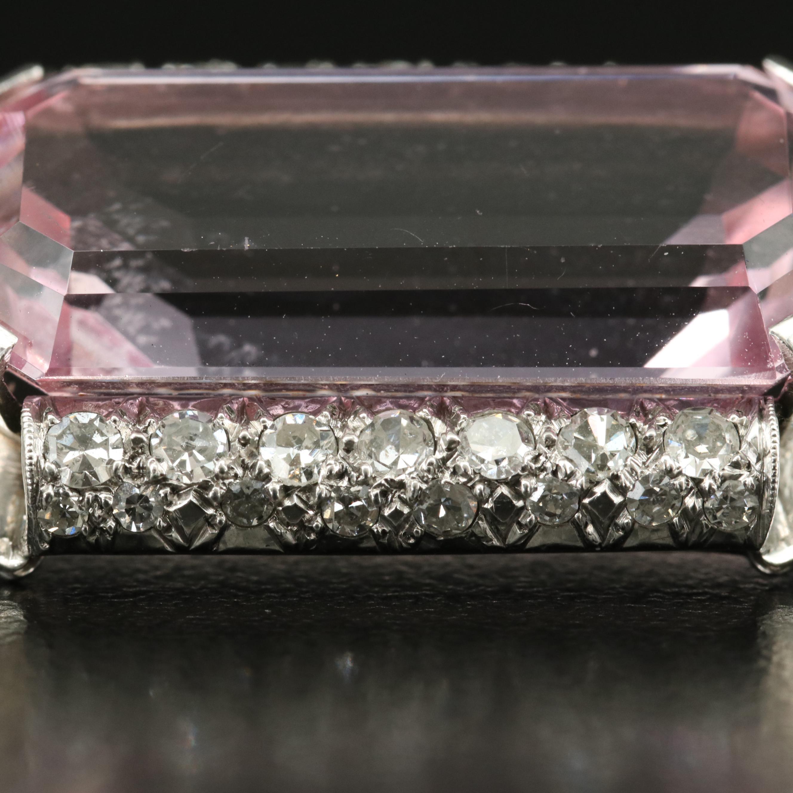 1930s Platinum 22.54 CT Pink Topaz and Diamond Brooch